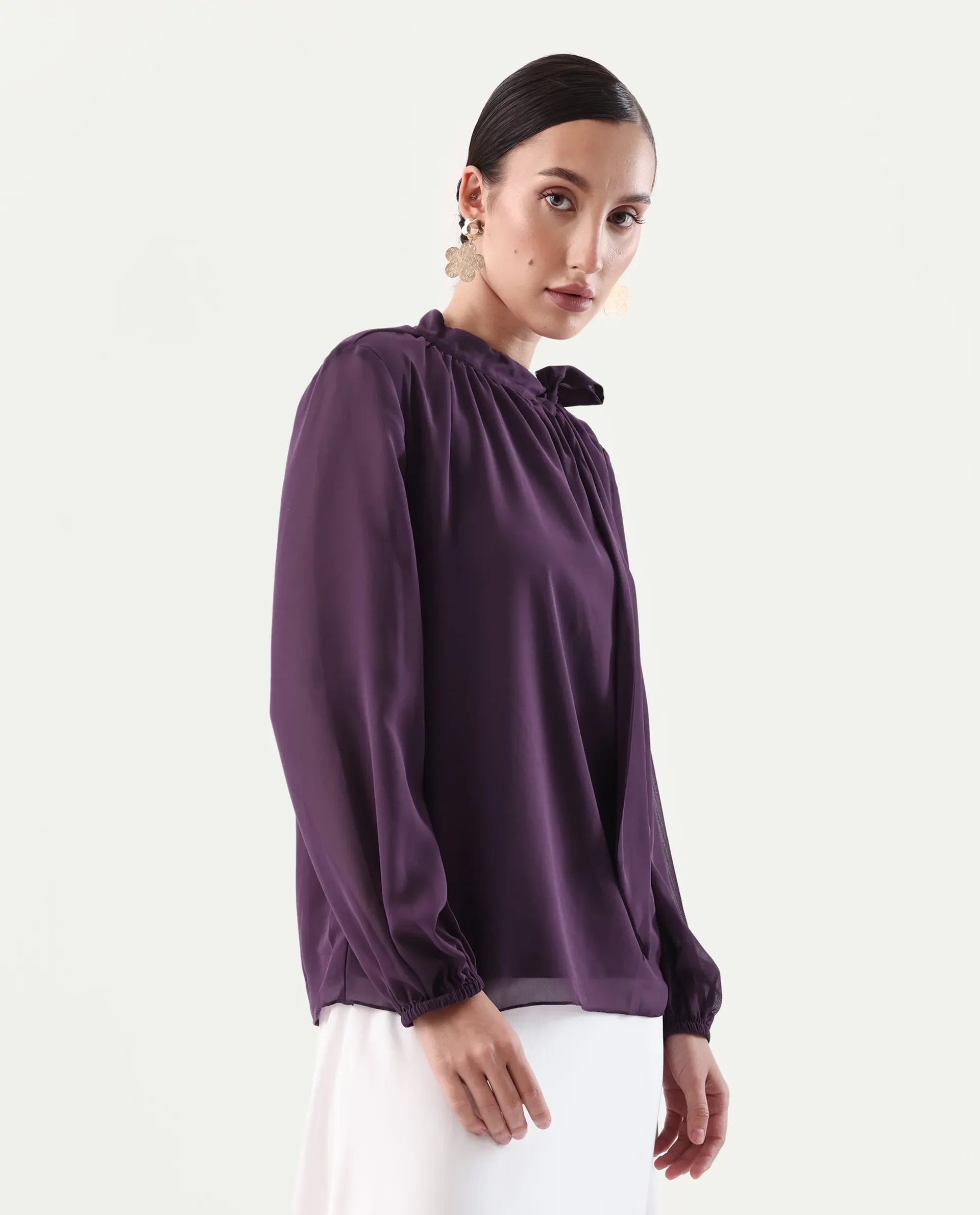 Rareism Women's Elden Maroon Polyester Tie-Up Neck Regular Fit Plain Top