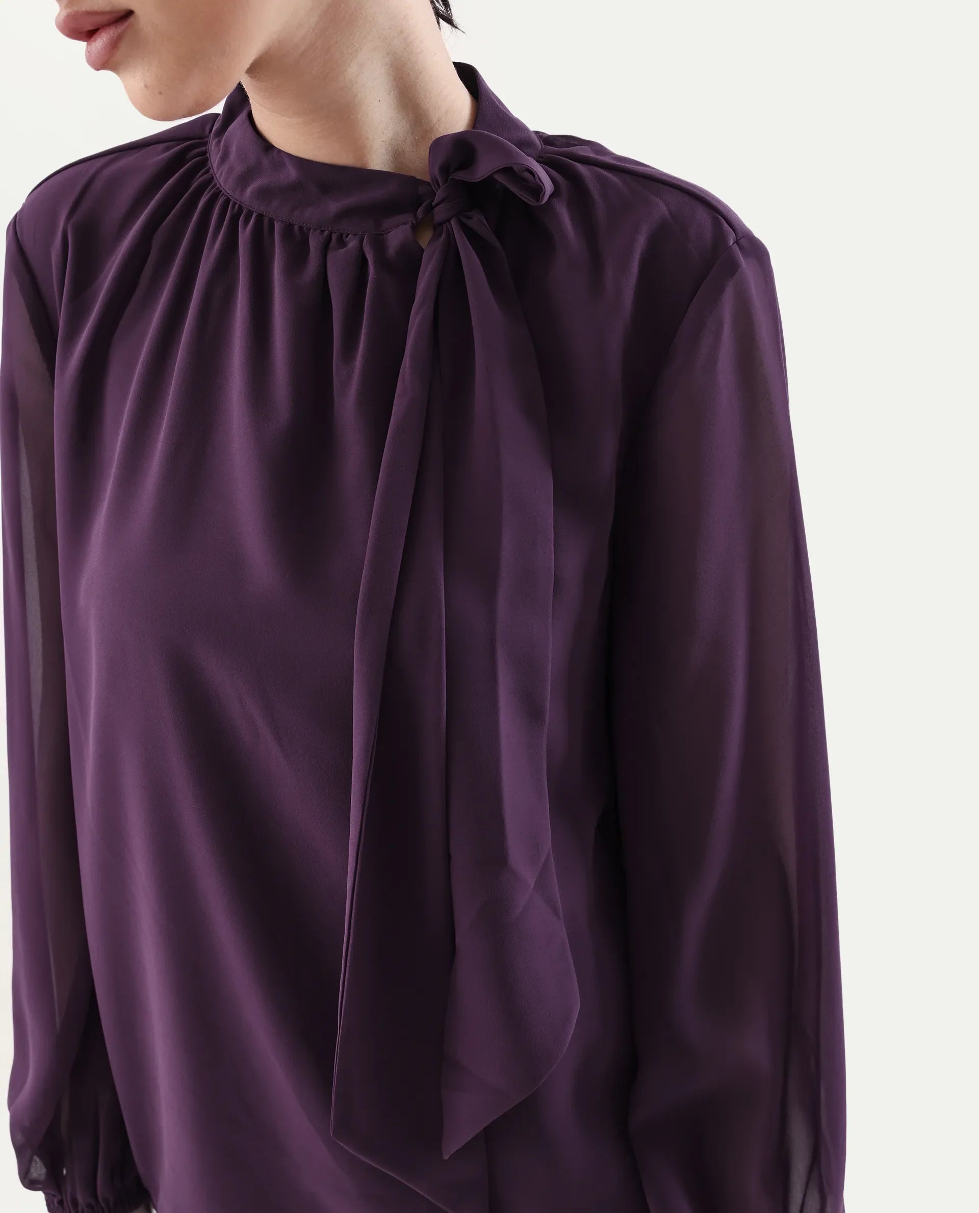 Rareism Women's Elden Maroon Polyester Tie-Up Neck Regular Fit Plain Top