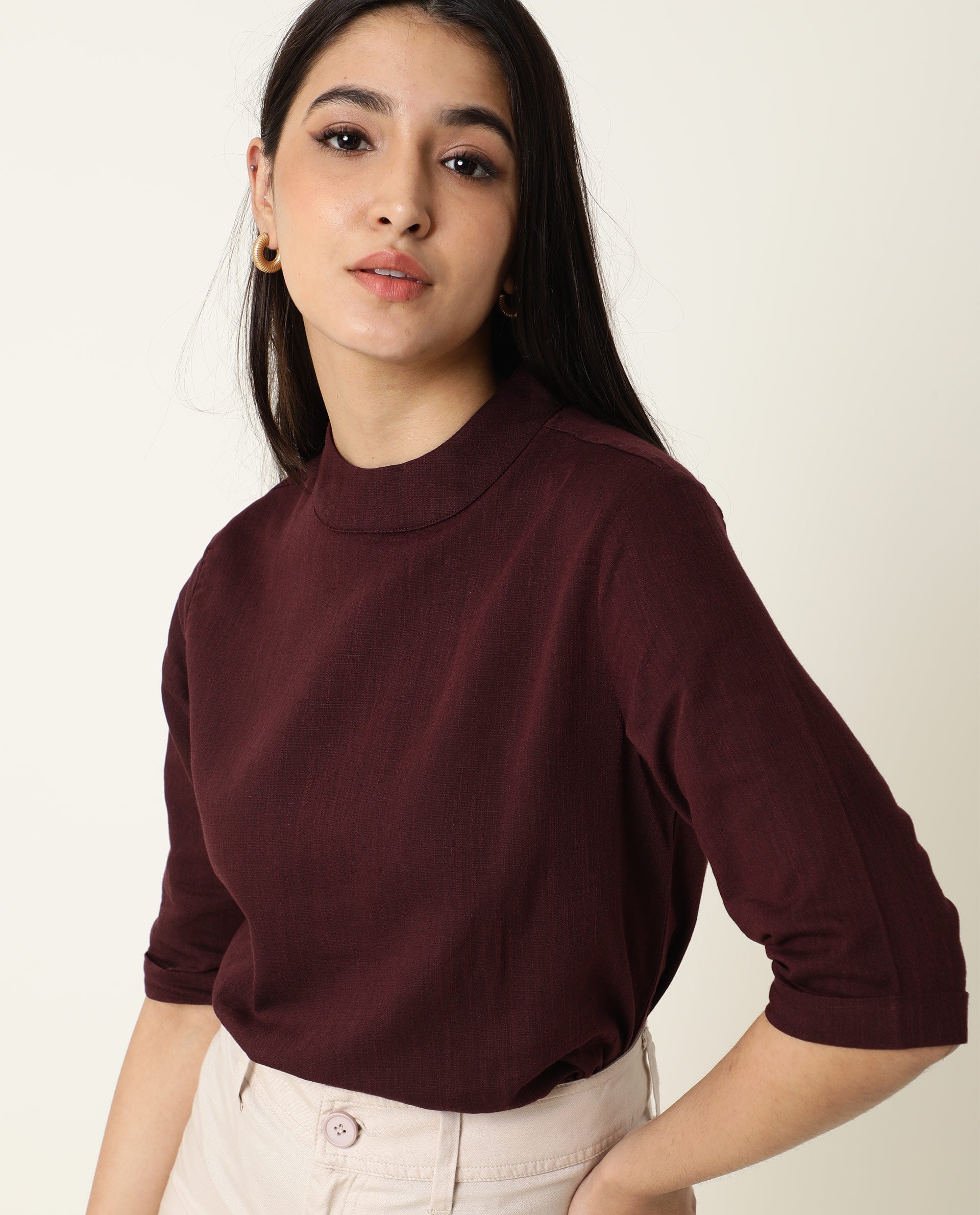 Rareism Womens Eleanor Maroon Top Cotton Linen Fabric Regular Fit Full Sleeve High Neck