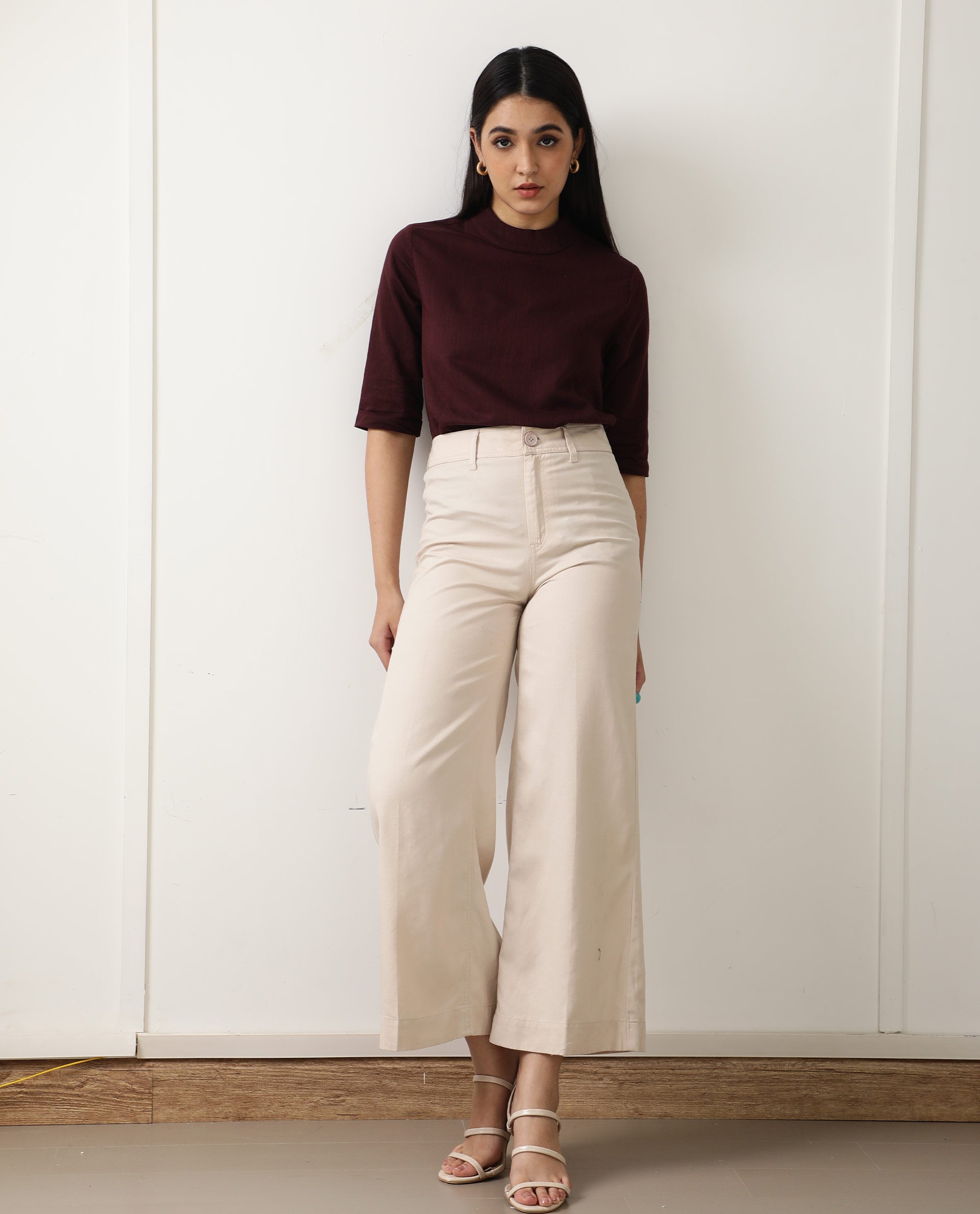 Rareism Womens Eleanor Maroon Top Cotton Linen Fabric Regular Fit Full Sleeve High Neck