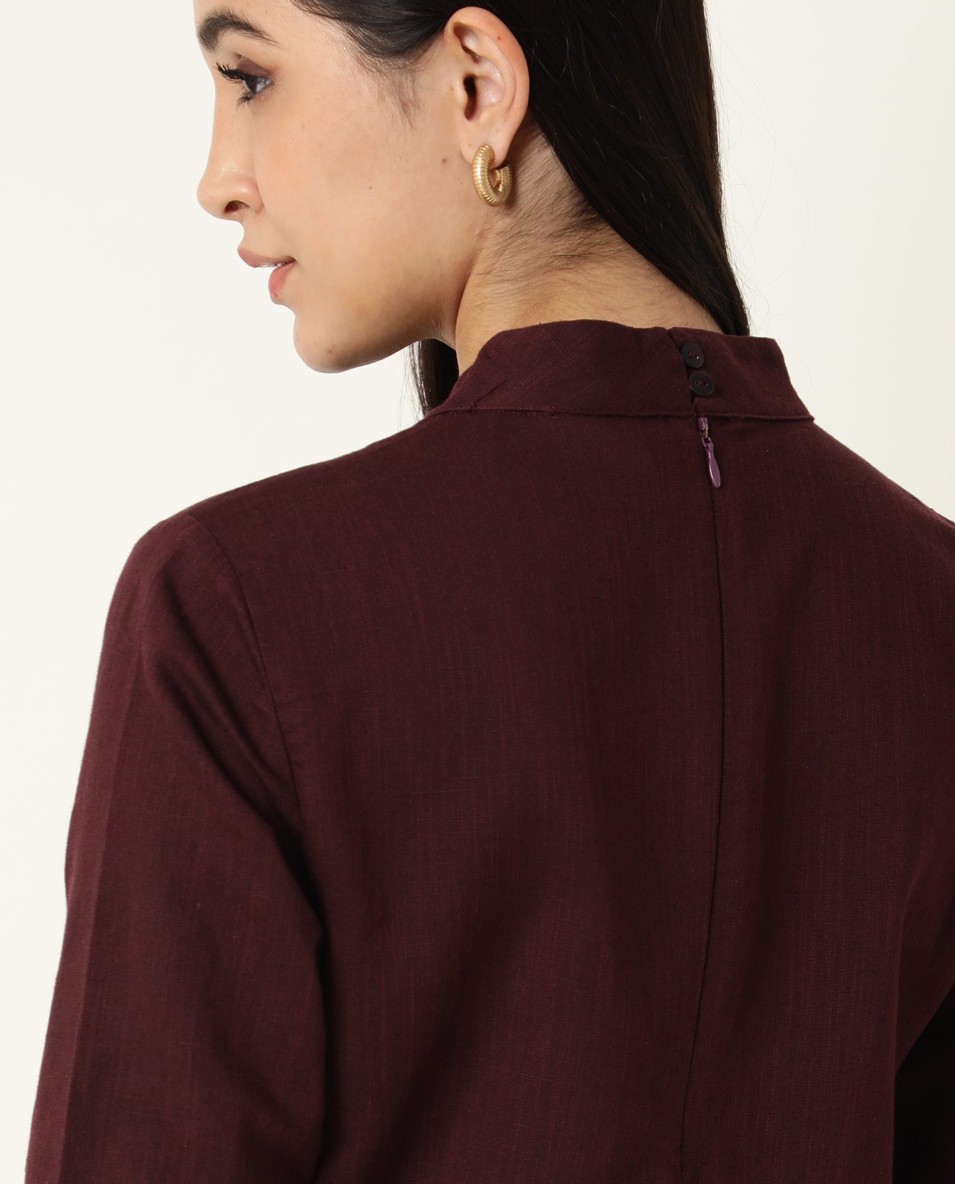 Rareism Womens Eleanor Maroon Top Cotton Linen Fabric Regular Fit Full Sleeve High Neck