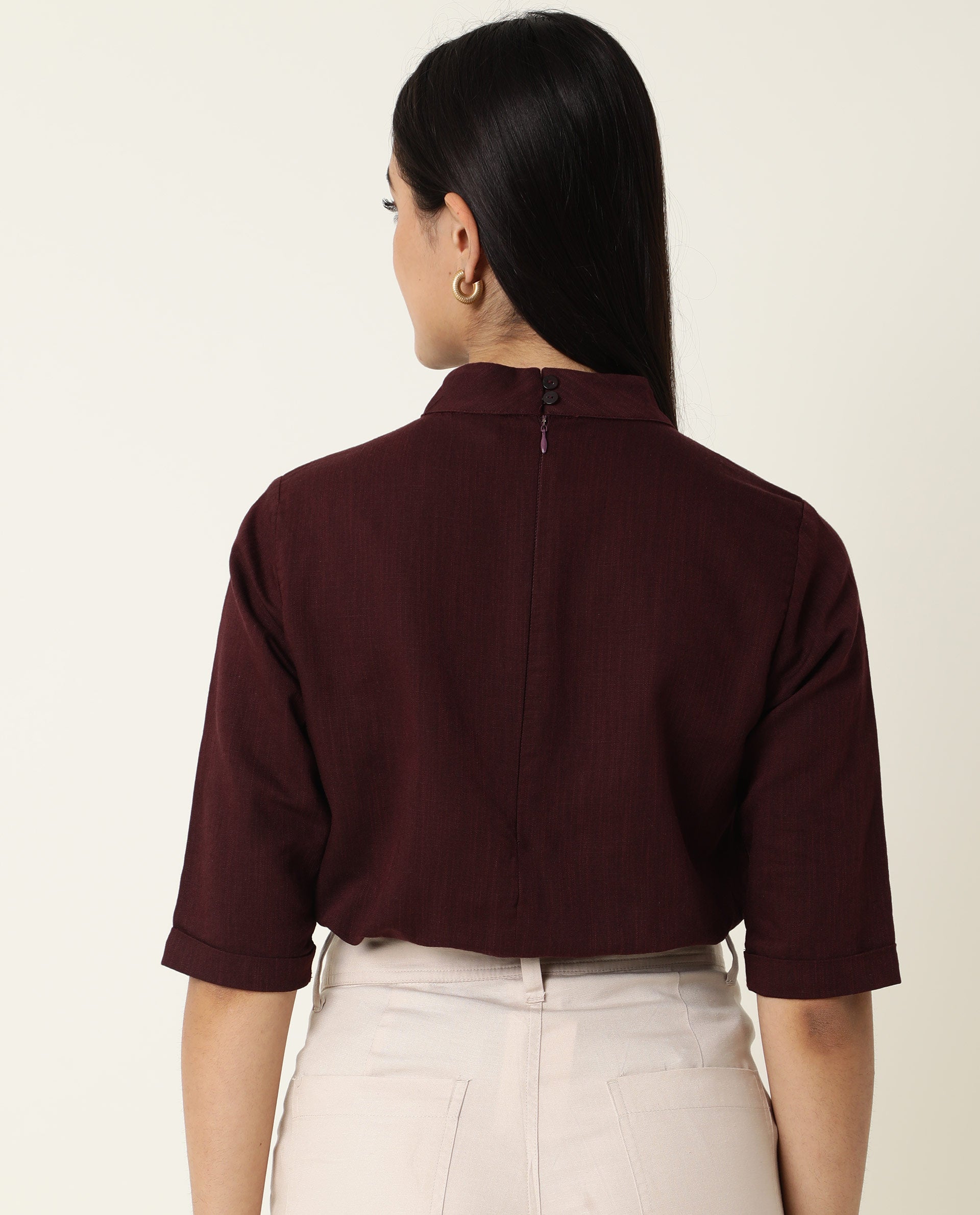 Rareism Womens Eleanor Maroon Top Cotton Linen Fabric Regular Fit Full Sleeve High Neck