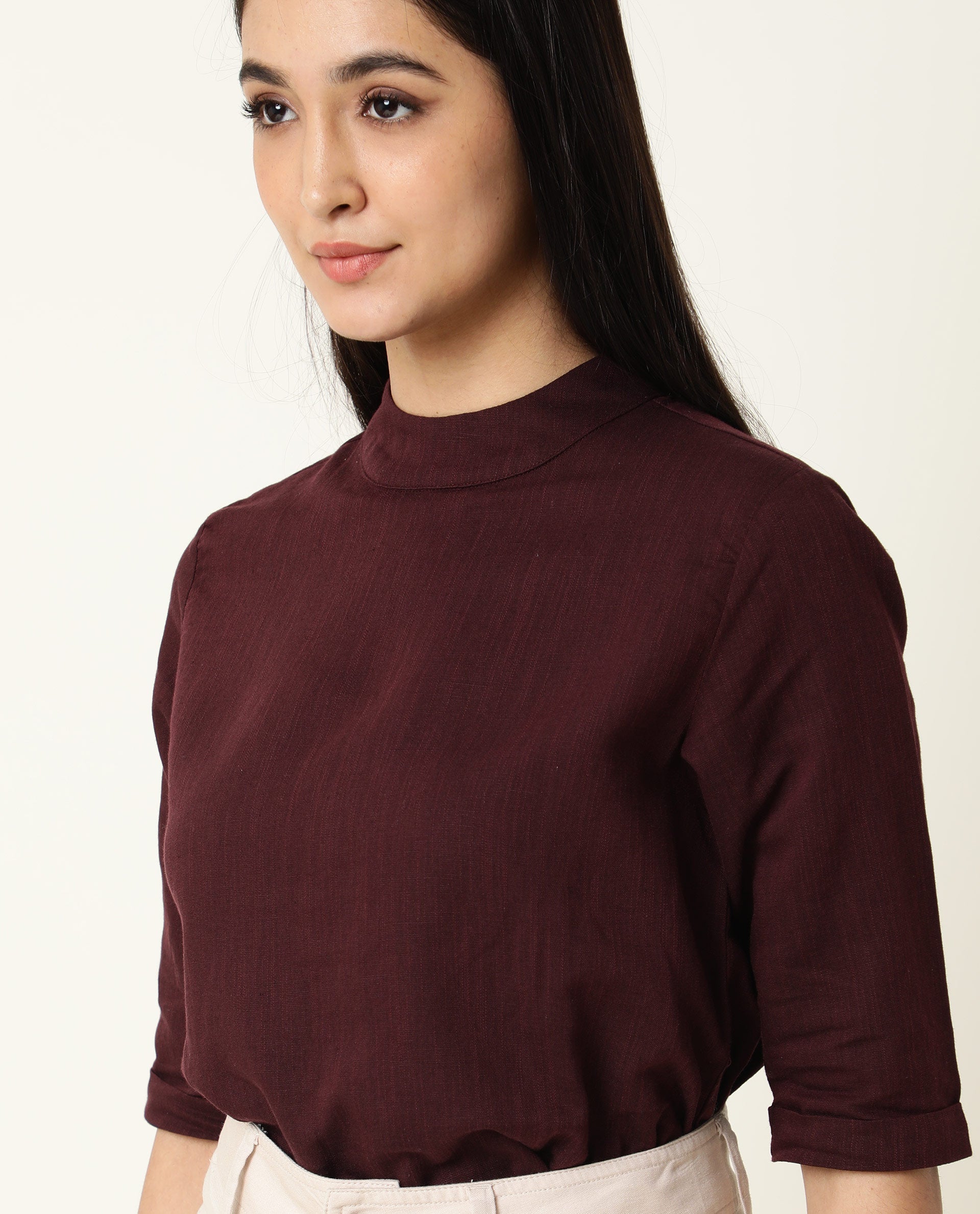 Rareism Womens Eleanor Maroon Top Cotton Linen Fabric Regular Fit Full Sleeve High Neck