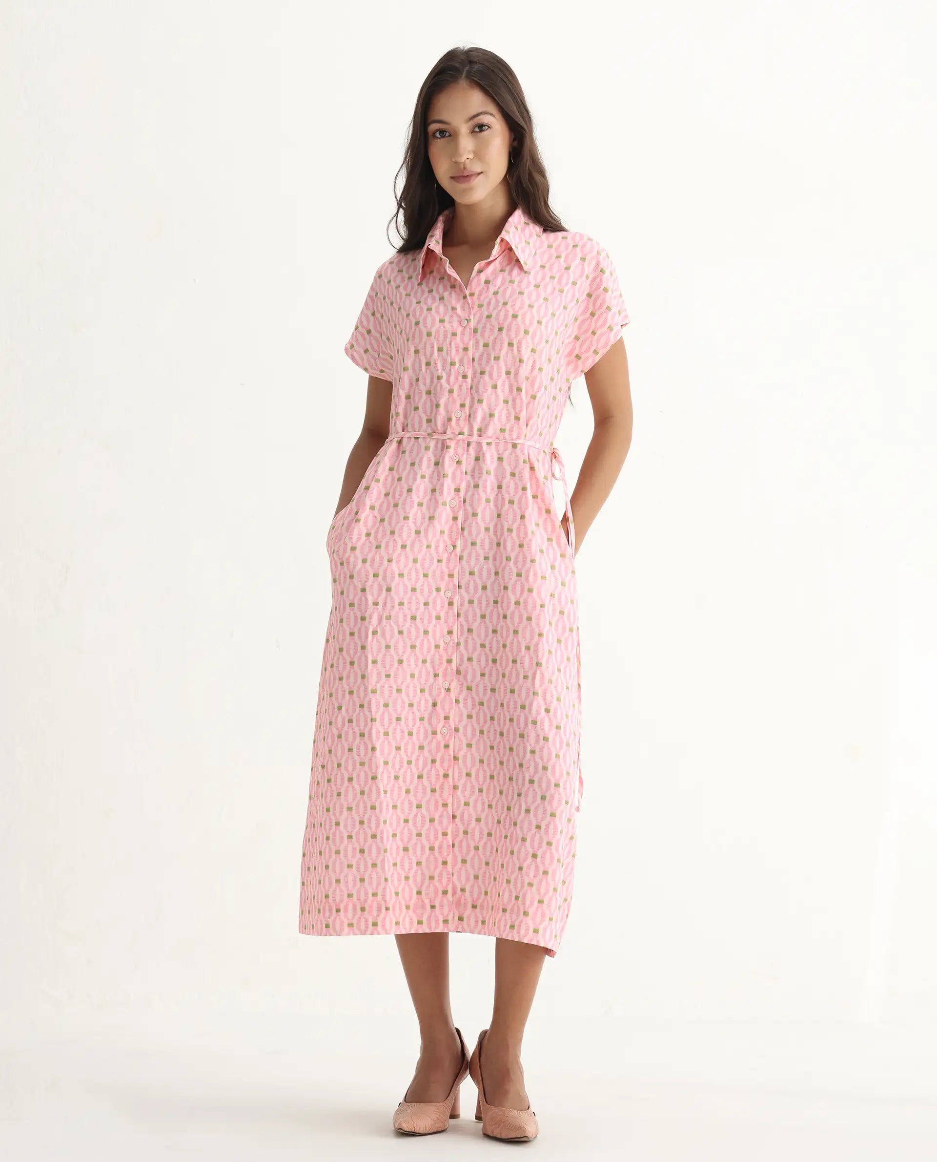 Rareism Women's Eleen Pink Viscose Collared Neck A-Line Printed Midi Dress