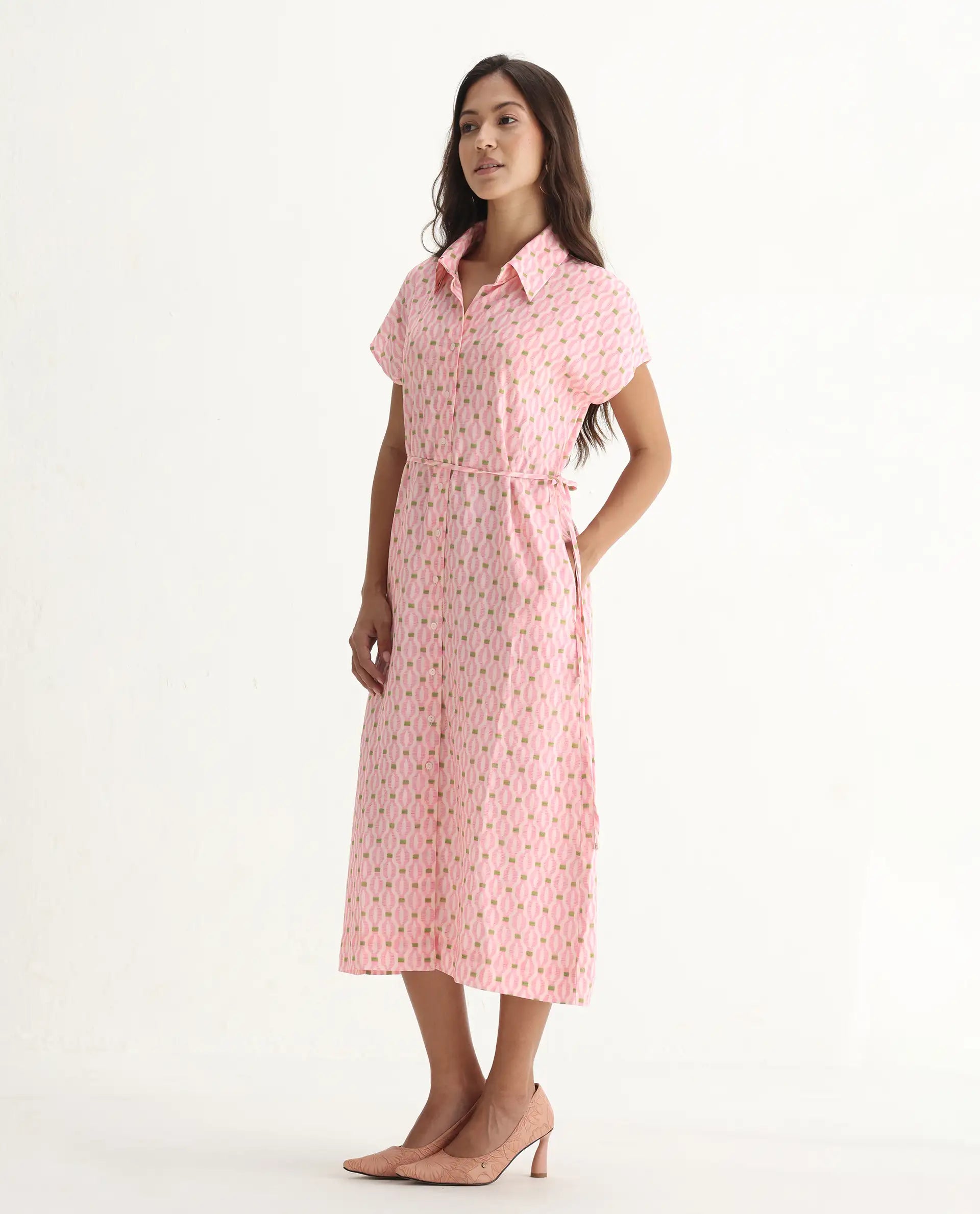 Rareism Women's Eleen Pink Viscose Collared Neck A-Line Printed Midi Dress