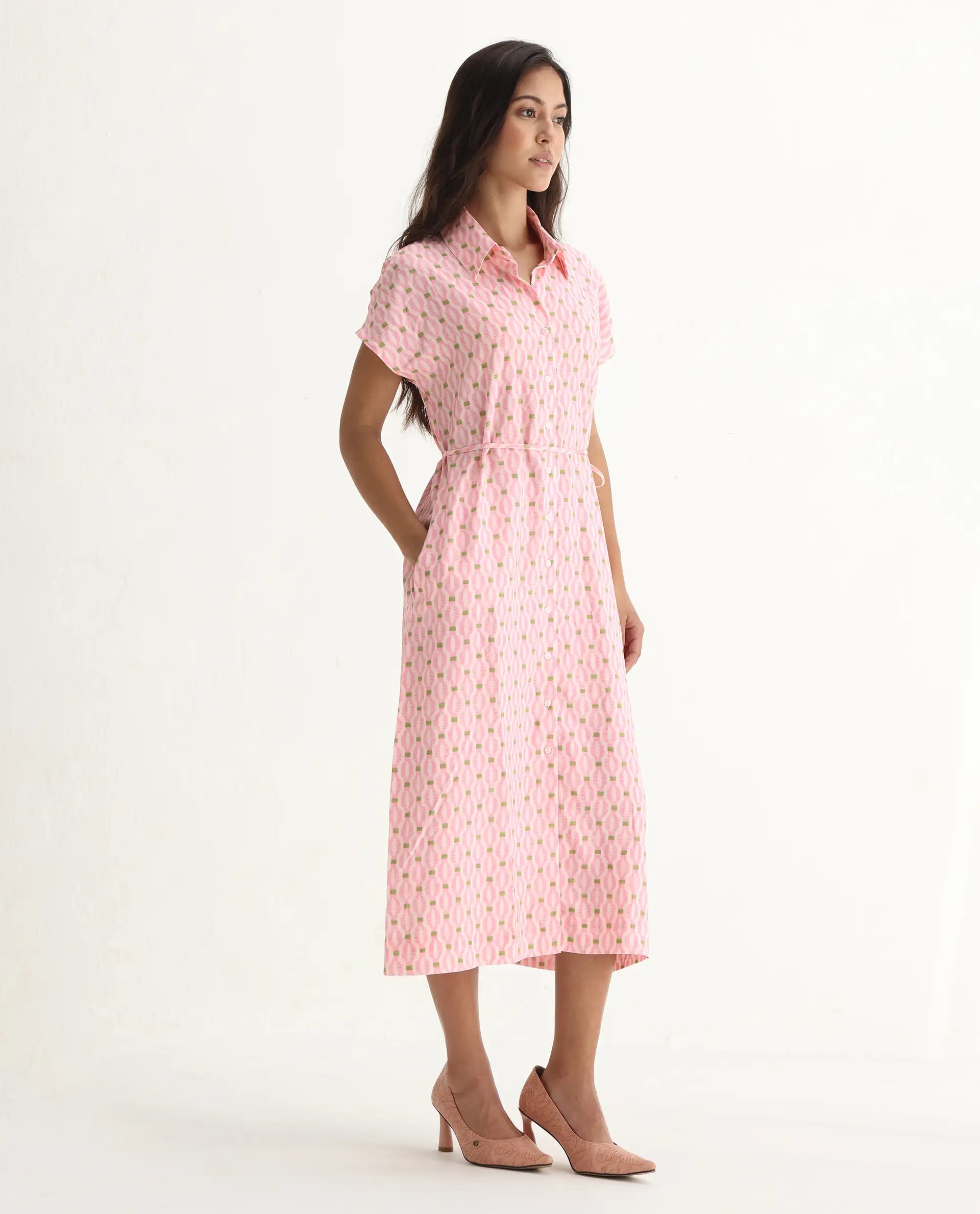Rareism Women's Eleen Pink Viscose Collared Neck A-Line Printed Midi Dress