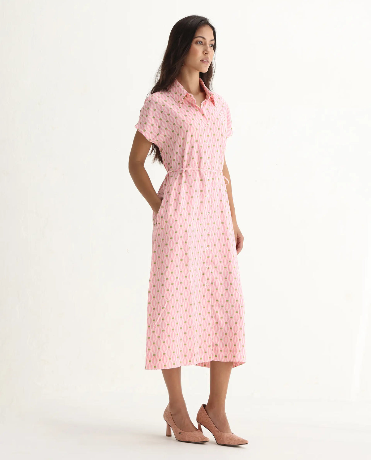 Rareism Women's Eleen Pink Viscose Collared Neck A-Line Printed Midi Dress