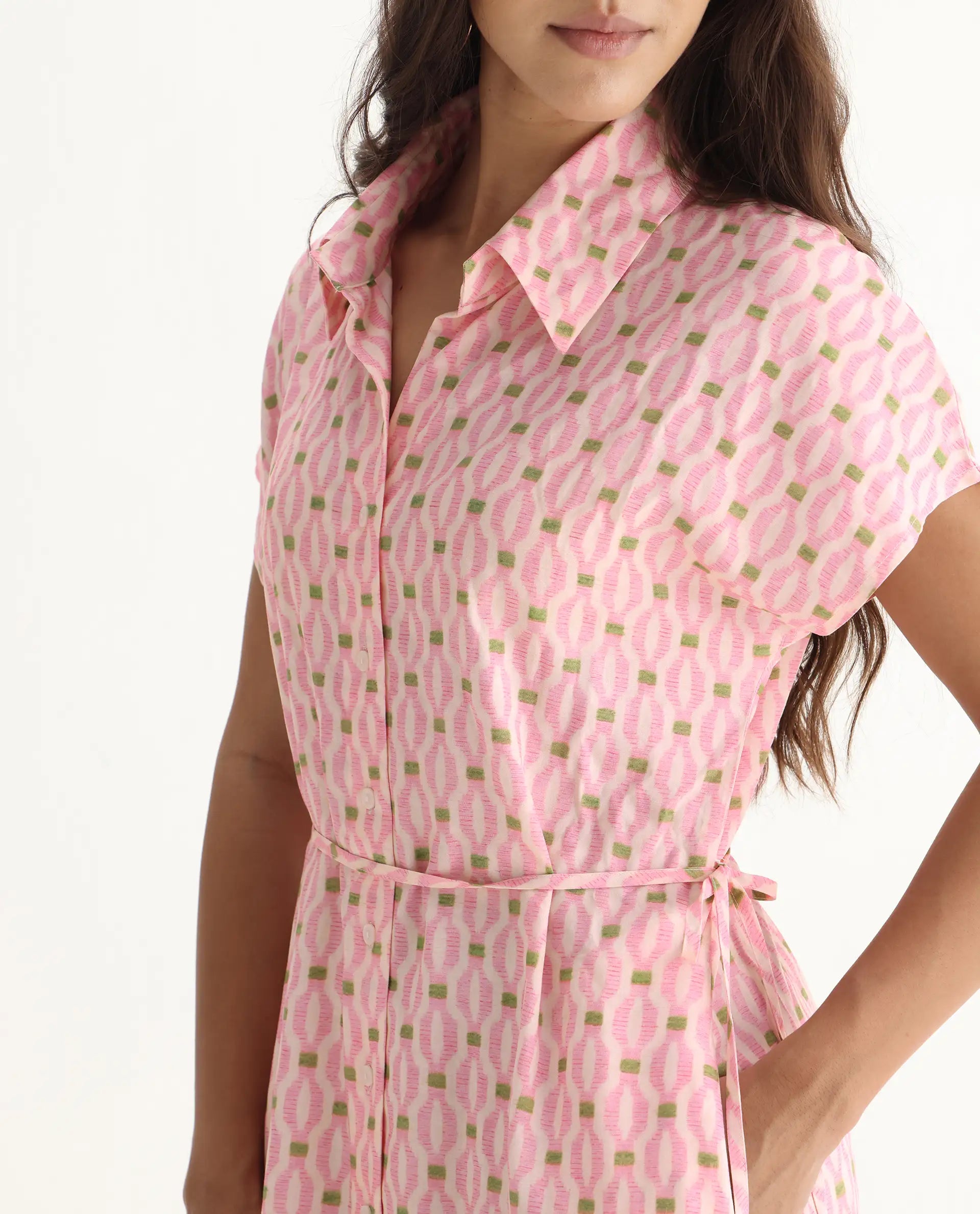Rareism Women's Eleen Pink Viscose Collared Neck A-Line Printed Midi Dress