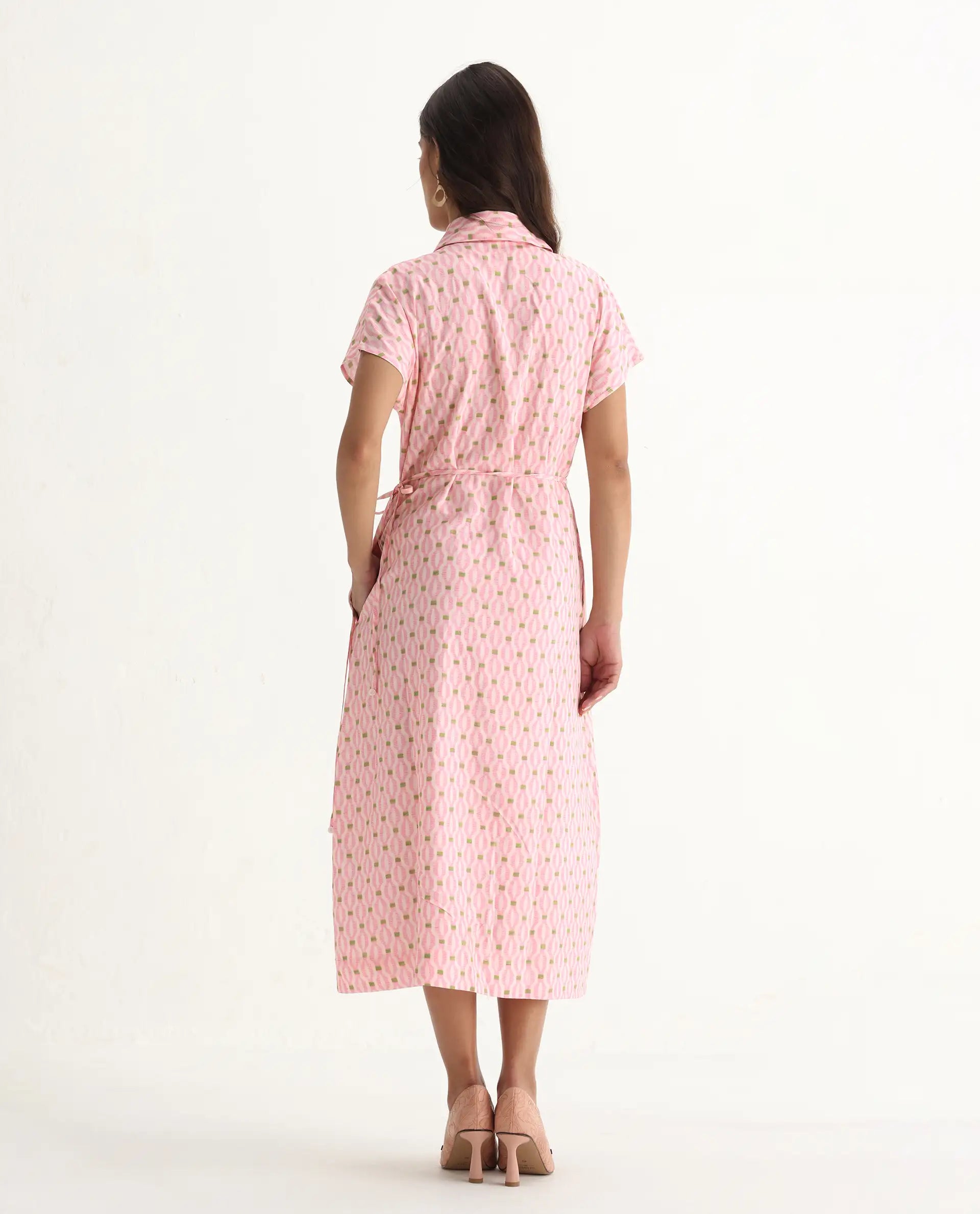 Rareism Women's Eleen Pink Viscose Collared Neck A-Line Printed Midi Dress