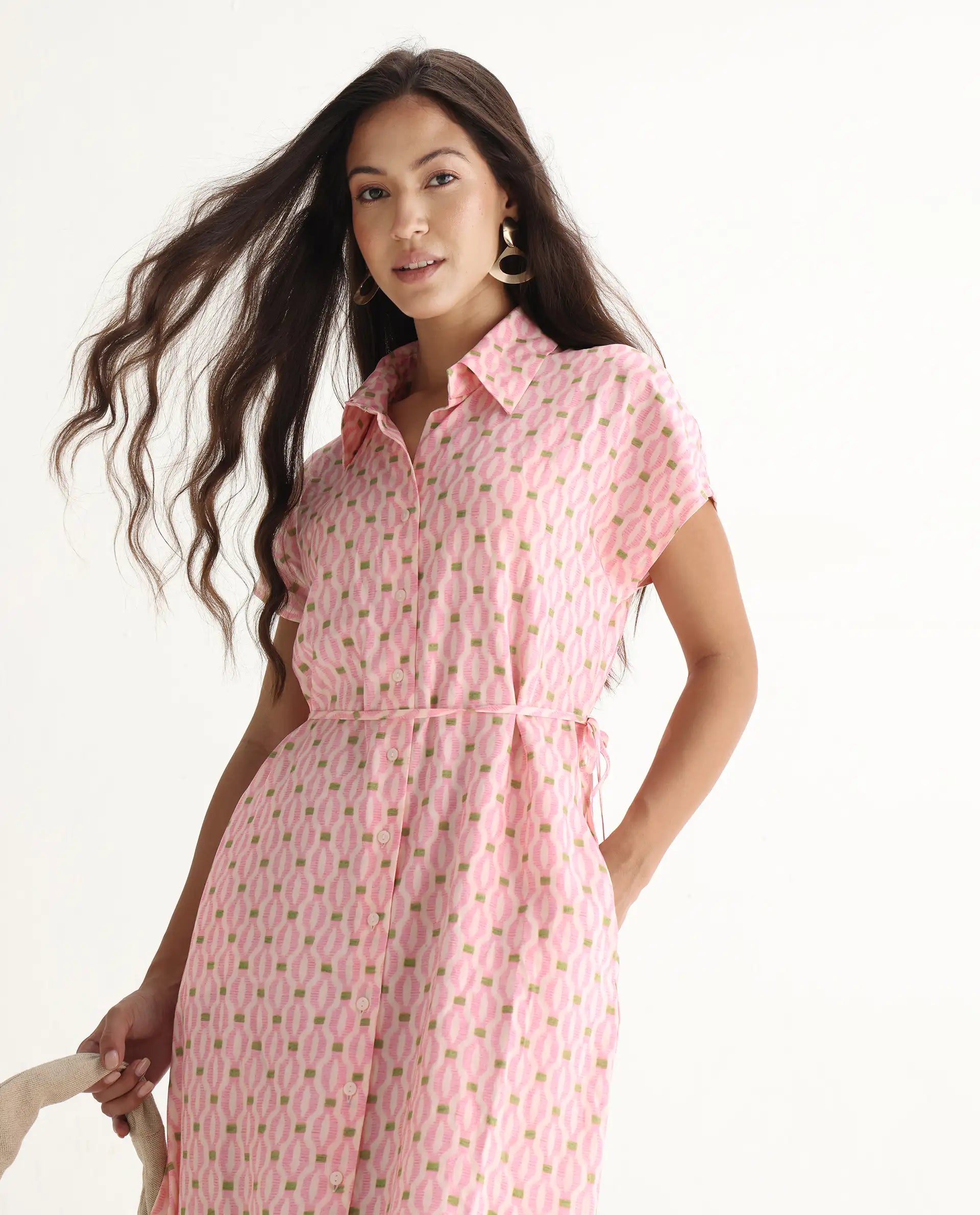 Rareism Women's Eleen Pink Viscose Collared Neck A-Line Printed Midi Dress
