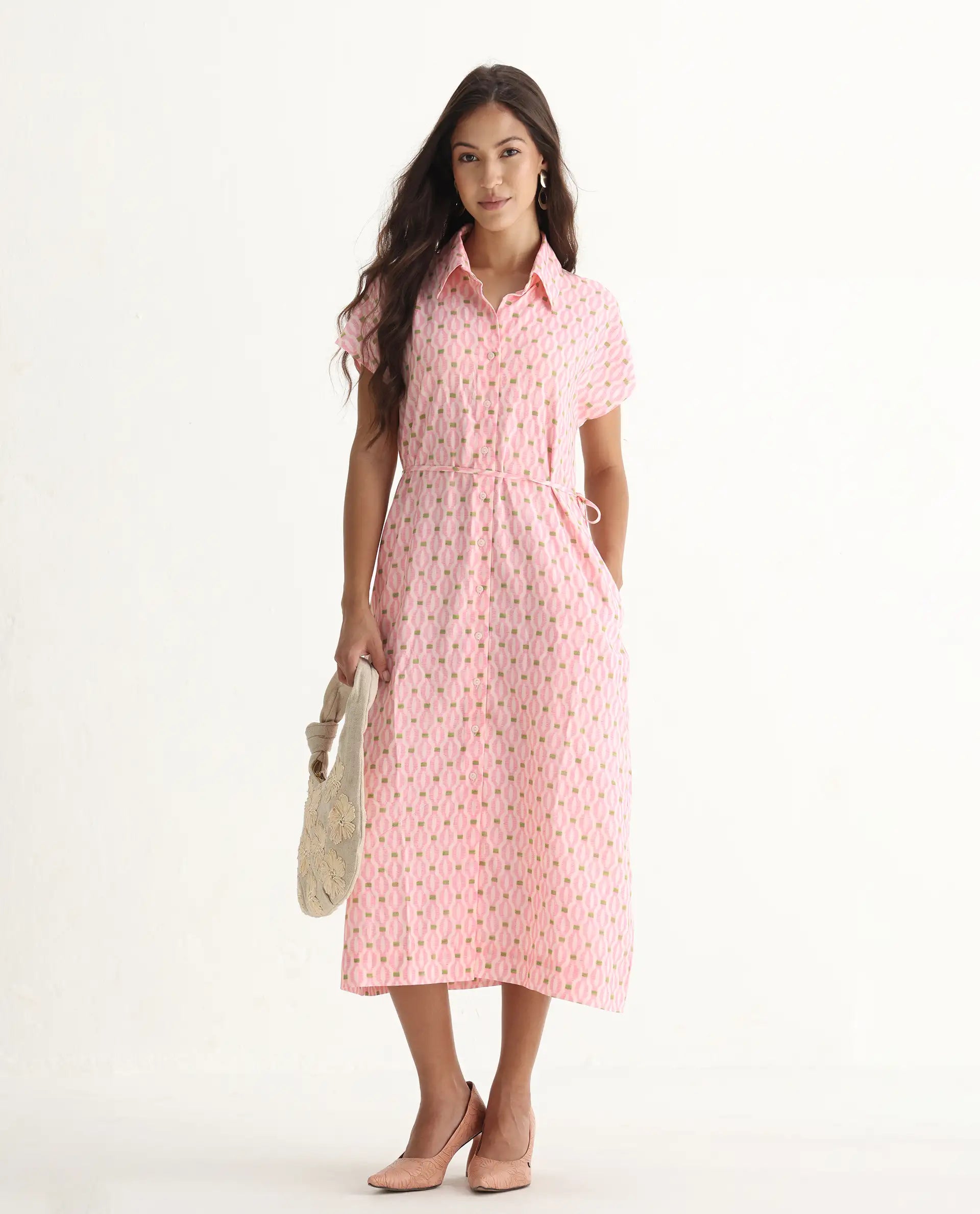 Rareism Women's Eleen Pink Viscose Collared Neck A-Line Printed Midi Dress