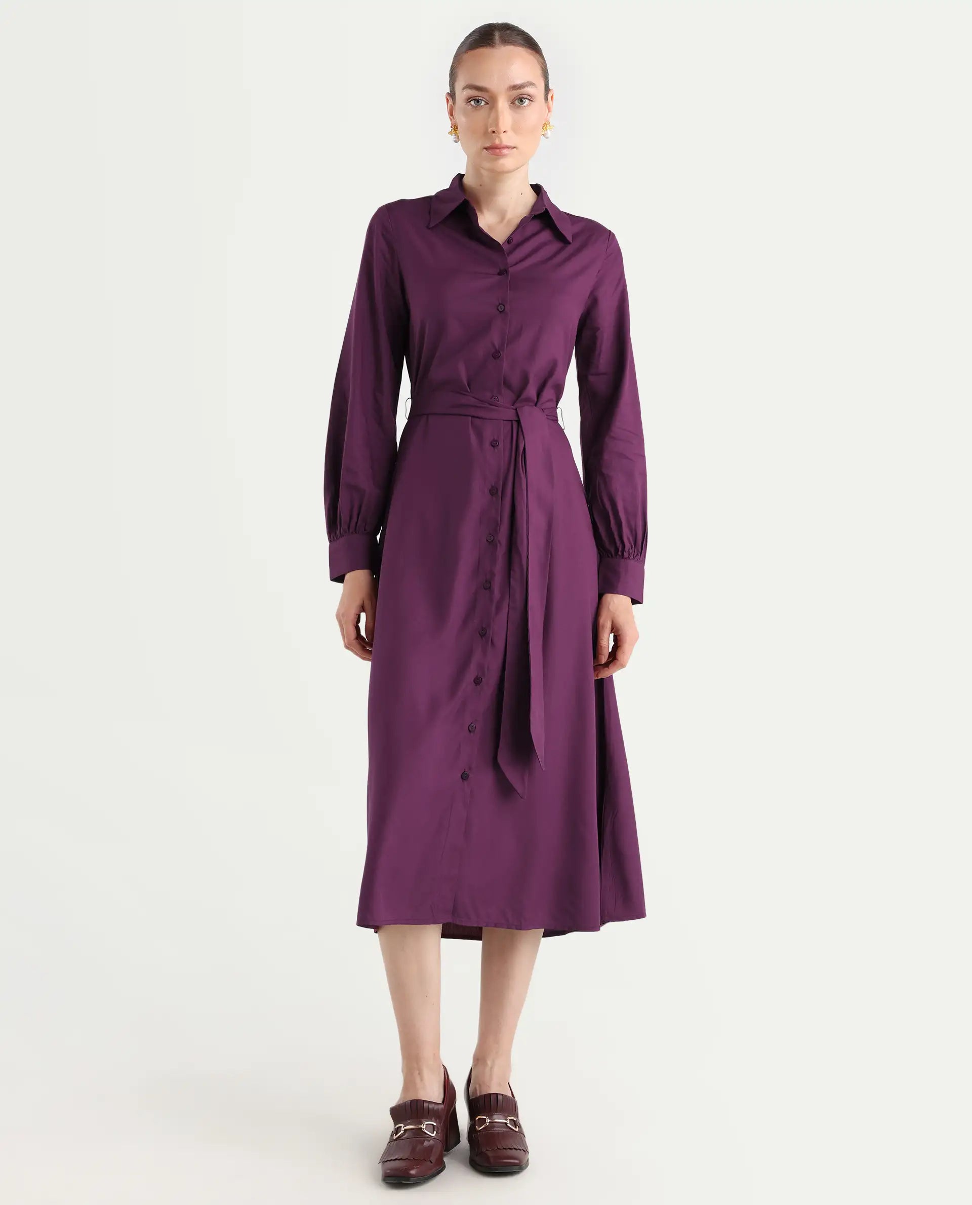 Rareism Women's Eleia Maroon Viscose Collared Neck A-Line Plain Midi Dress