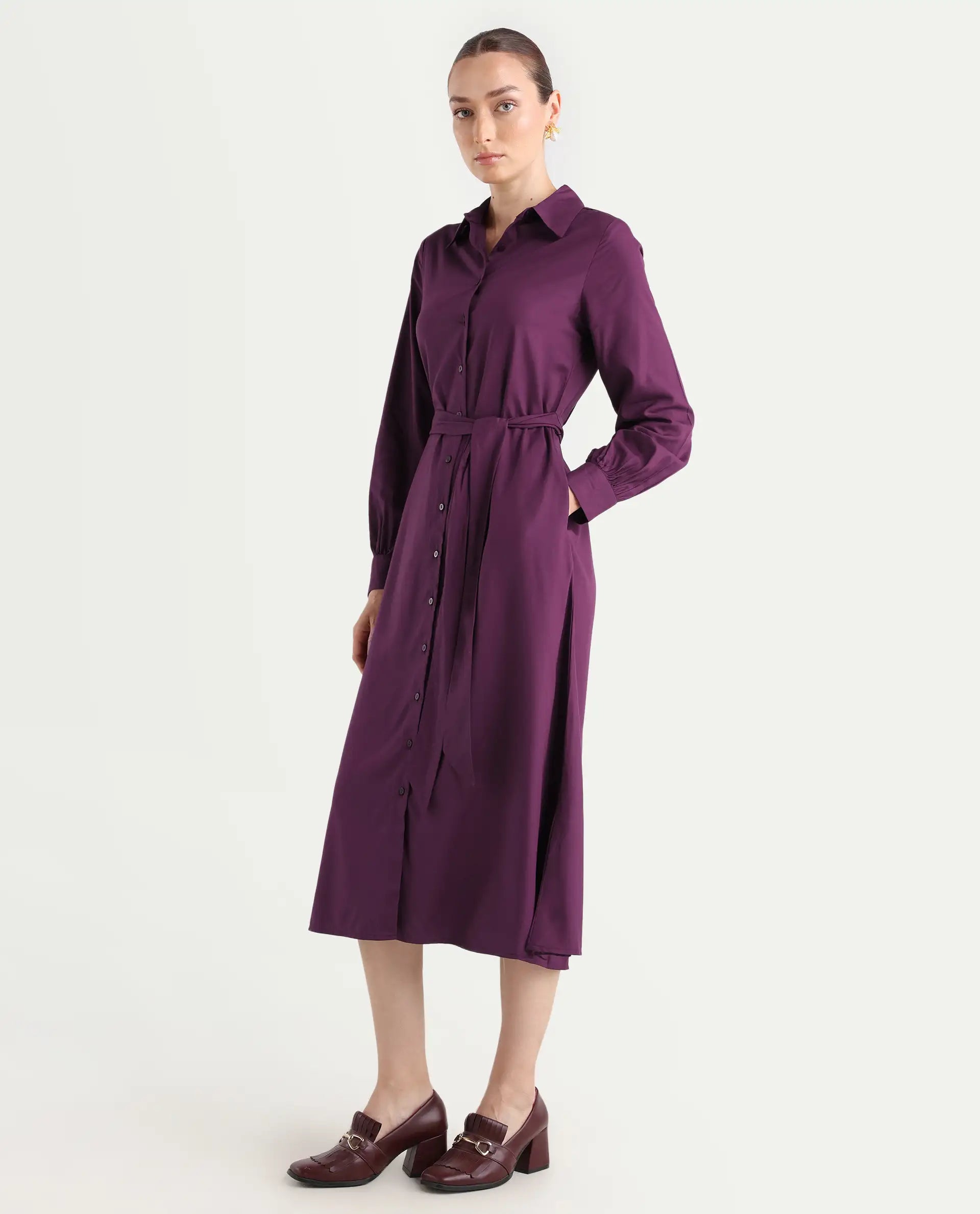 Rareism Women's Eleia Maroon Viscose Collared Neck A-Line Plain Midi Dress
