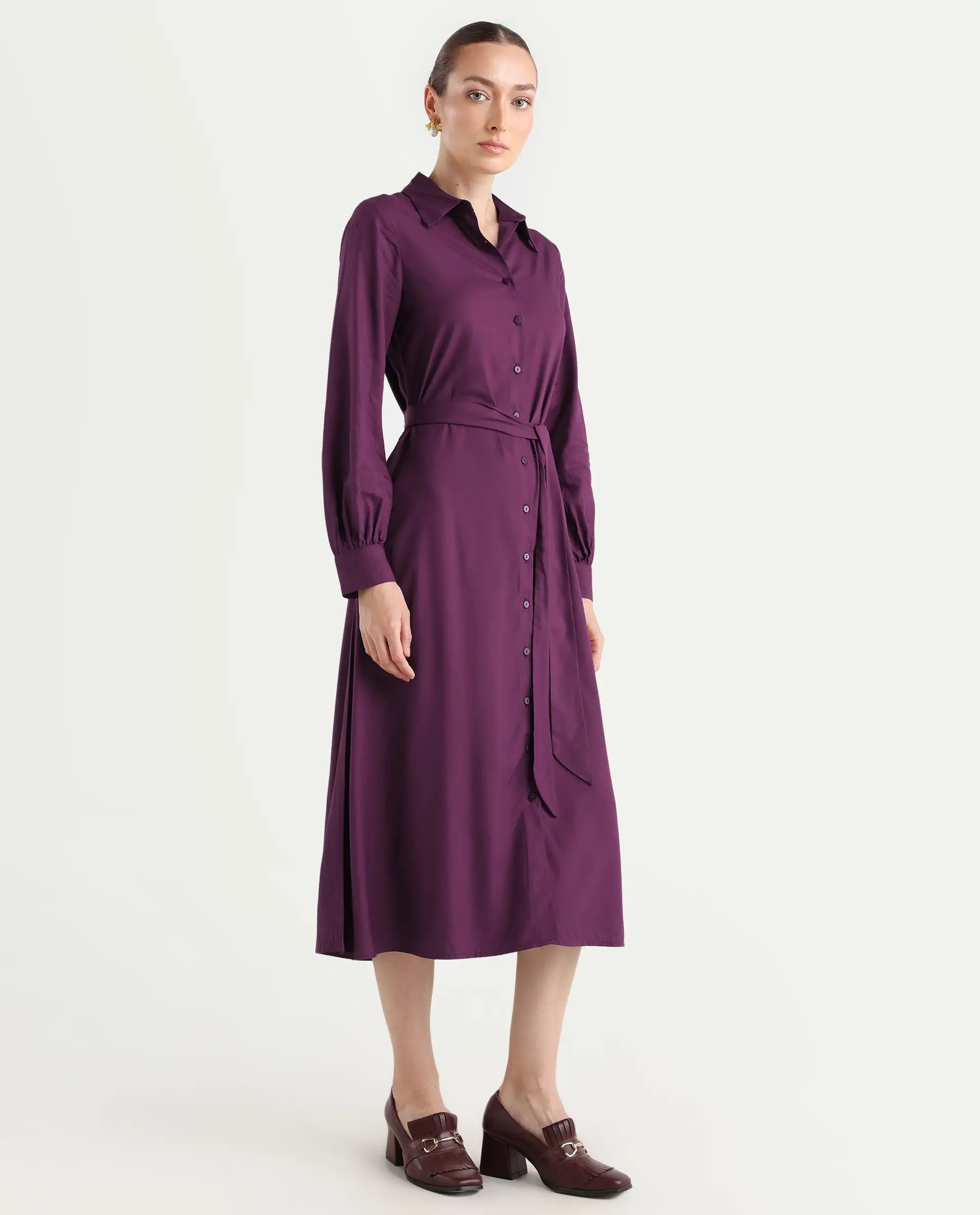 Rareism Women's Eleia Maroon Viscose Collared Neck A-Line Plain Midi Dress