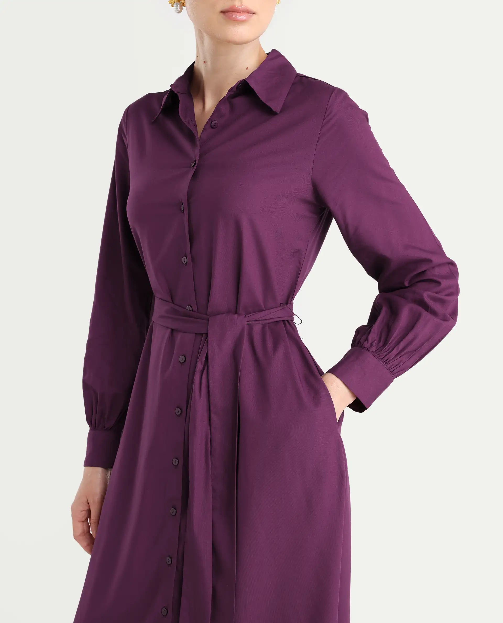 Rareism Women's Eleia Maroon Viscose Collared Neck A-Line Plain Midi Dress