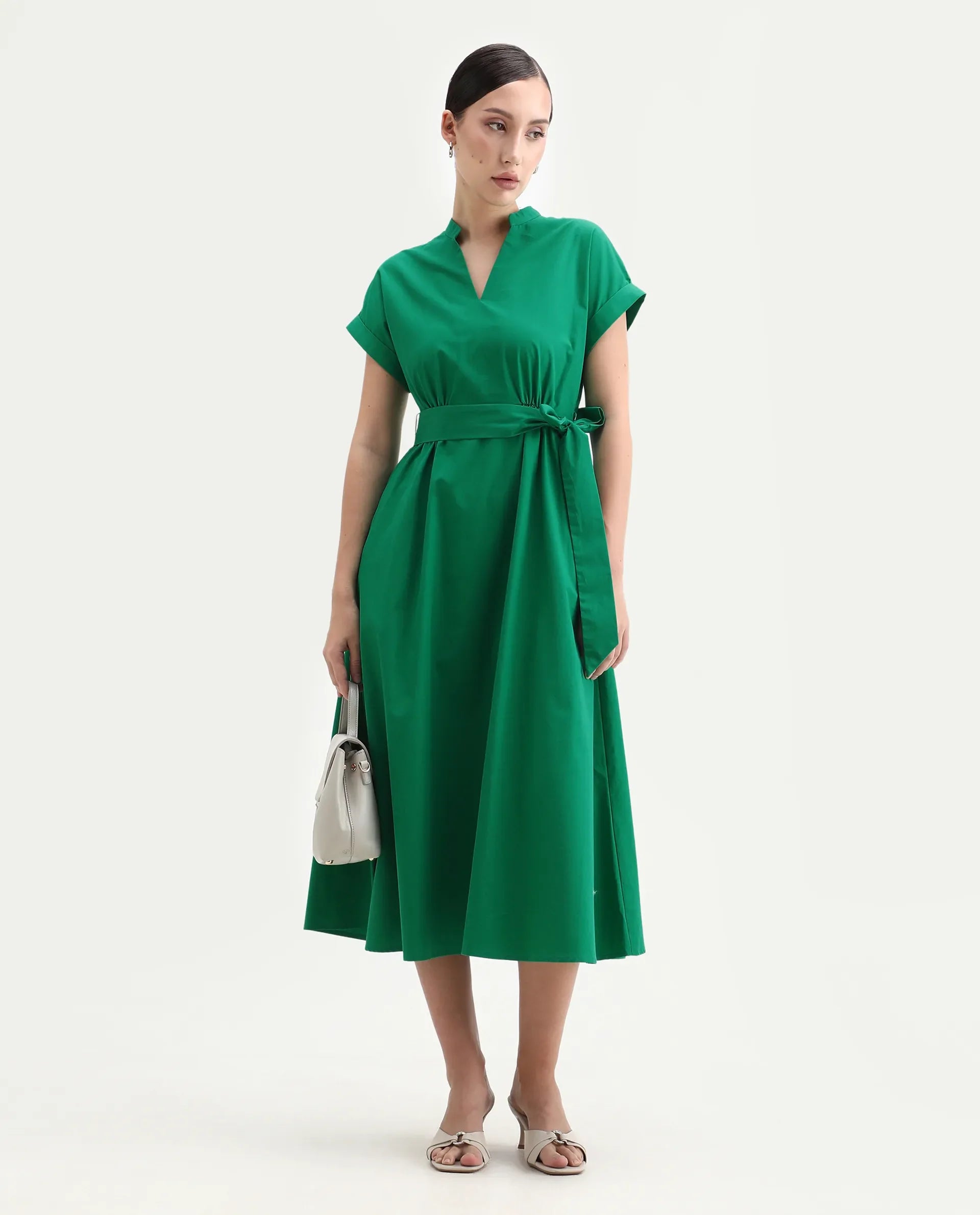 Rareism Women's Eleri Green Cotton Extended Sleeves Mandarin Collar A-Line Fit Plain Midi Dress