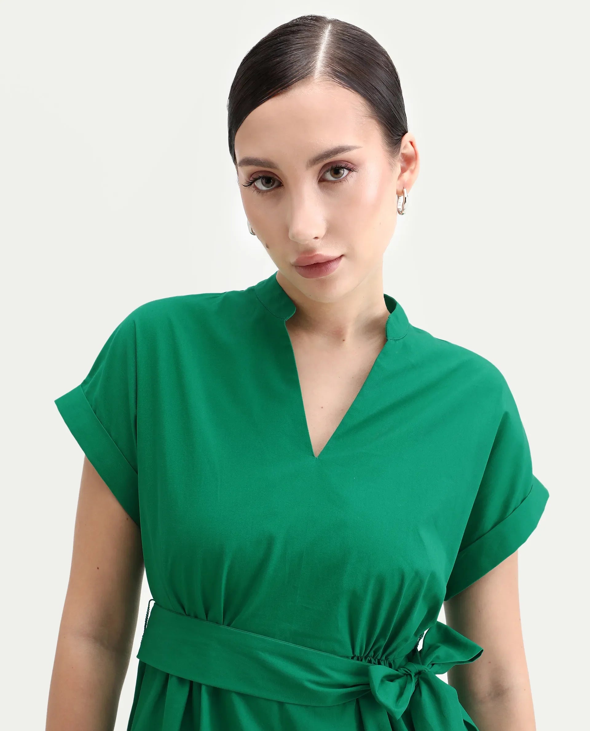 Rareism Women's Eleri Green Cotton Extended Sleeves Mandarin Collar A-Line Fit Plain Midi Dress