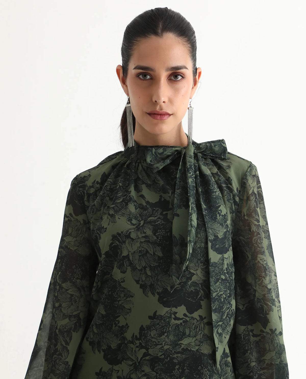 Rareism Women's Eleth Dark Green Polyester Bishop Sleeve Tie-Up Neck Regular Fit Top