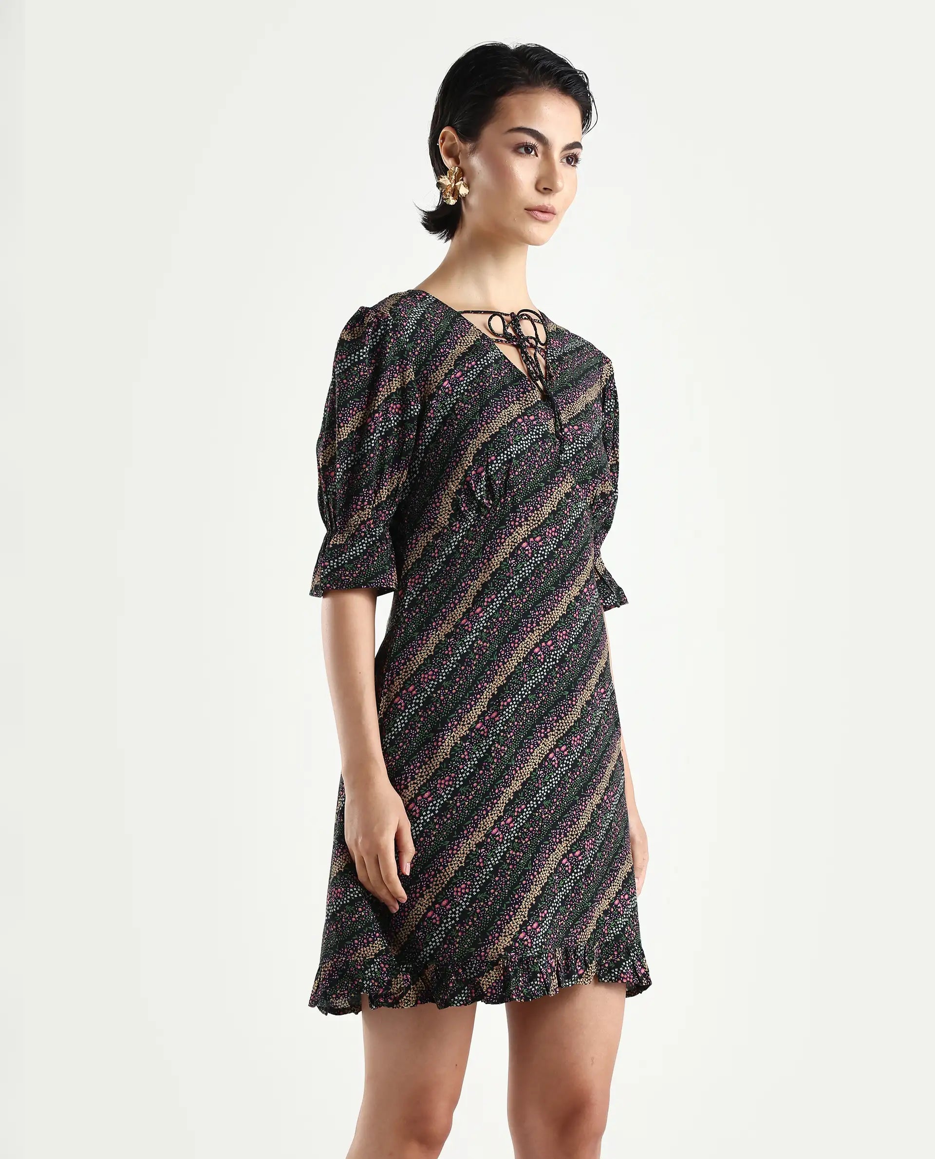 Rareism Women's Elevate Black Viscose V-Neck Floral Print Knee Length Regular Fit Dress