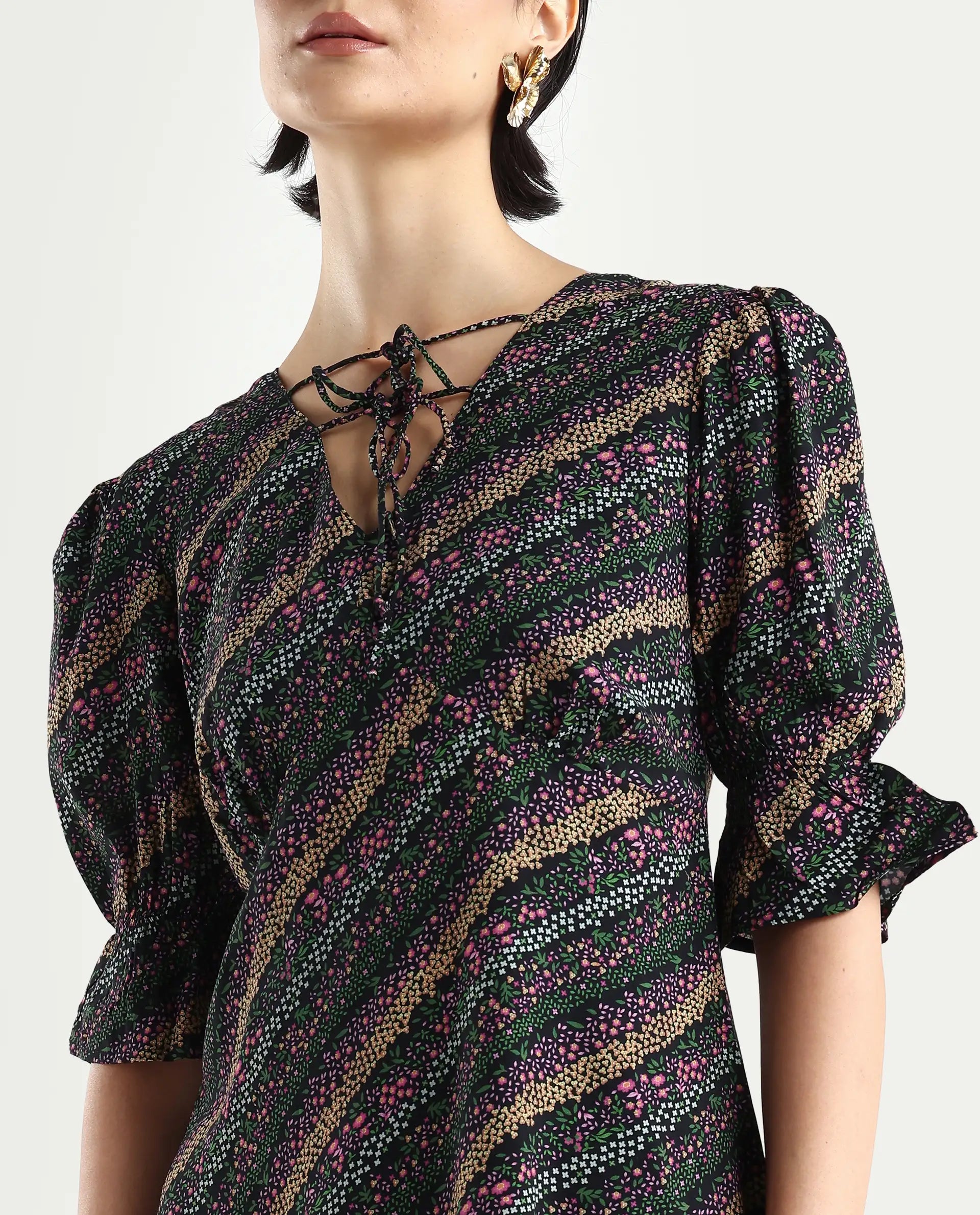 Rareism Women's Elevate Black Viscose V-Neck Floral Print Knee Length Regular Fit Dress