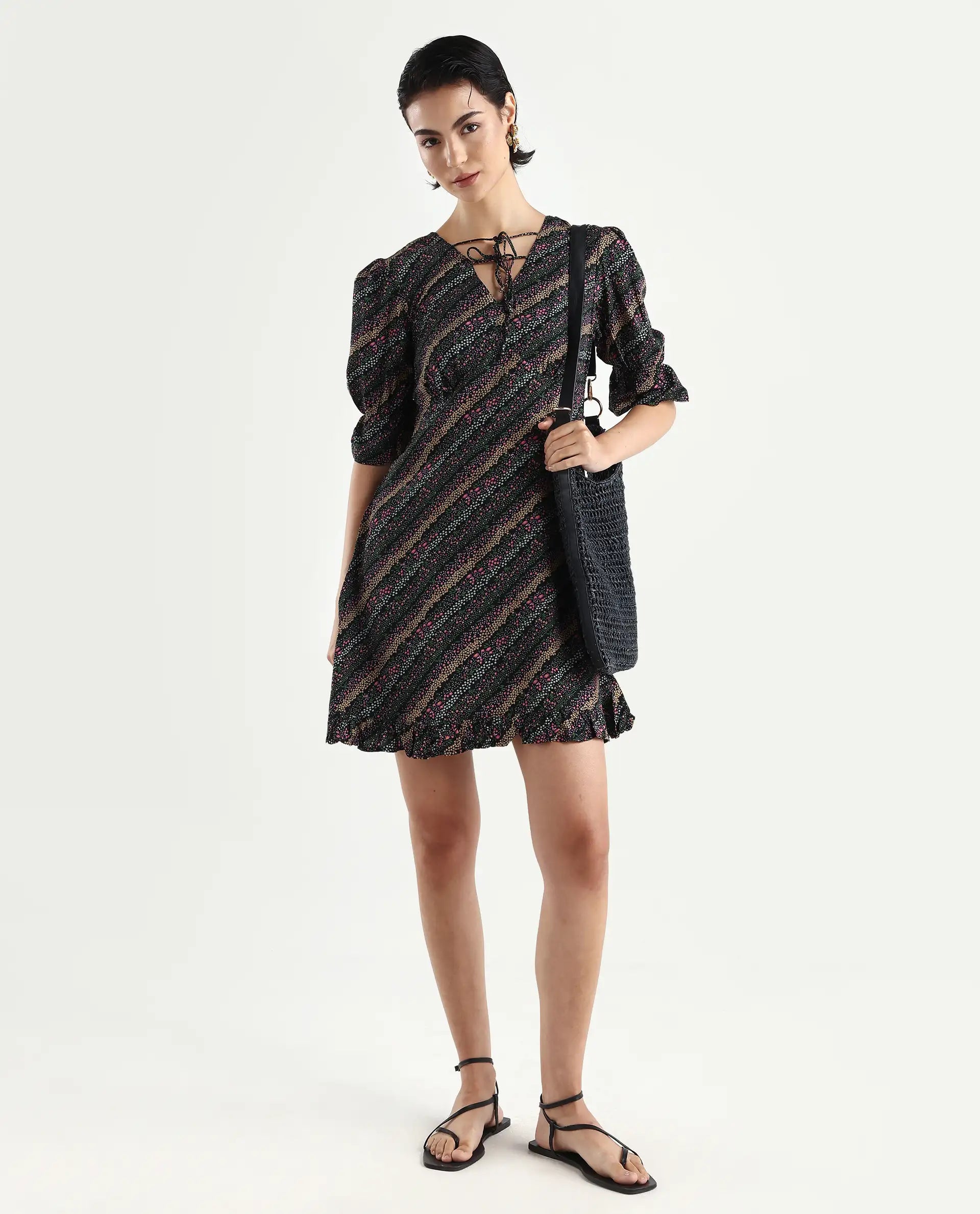 Rareism Women's Elevate Black Viscose V-Neck Floral Print Knee Length Regular Fit Dress