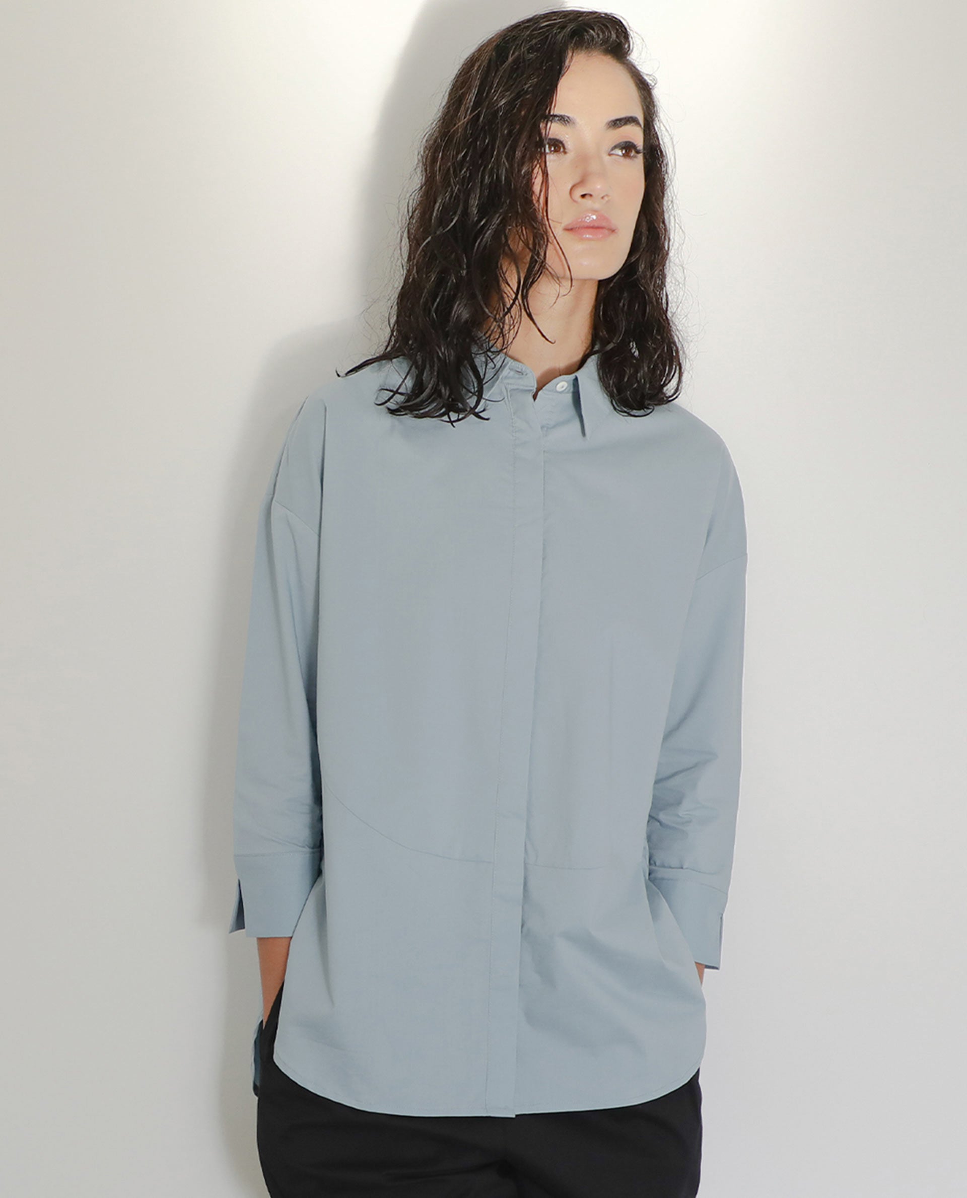 Rareism Womens Eleven Blue Top Polyester Fabric Regular Fit 3/4 Sleeve Collared Neck