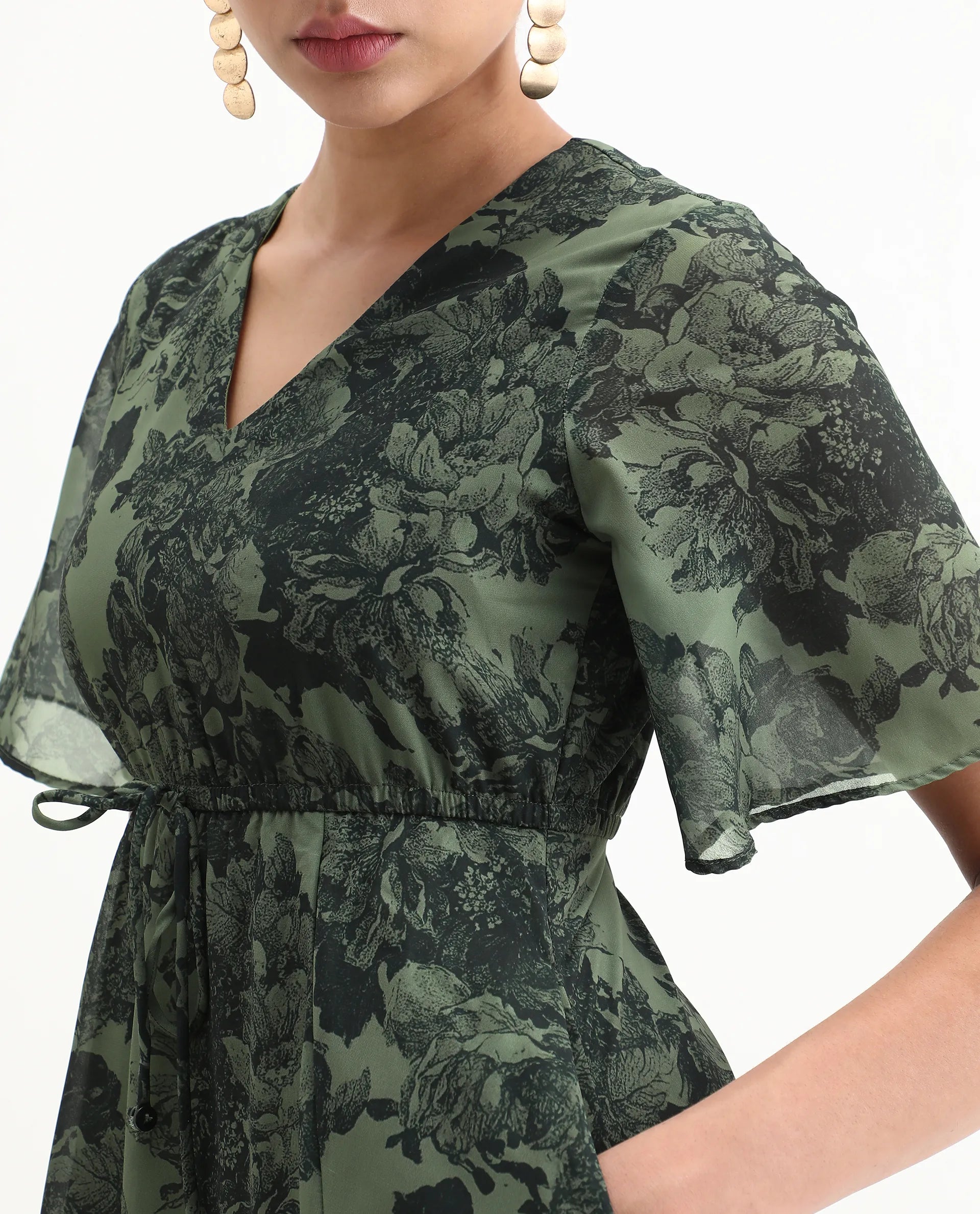 Rareism Women's Elgon Dark Green Polyester V-Neck Flared Floral Print Midi Dress