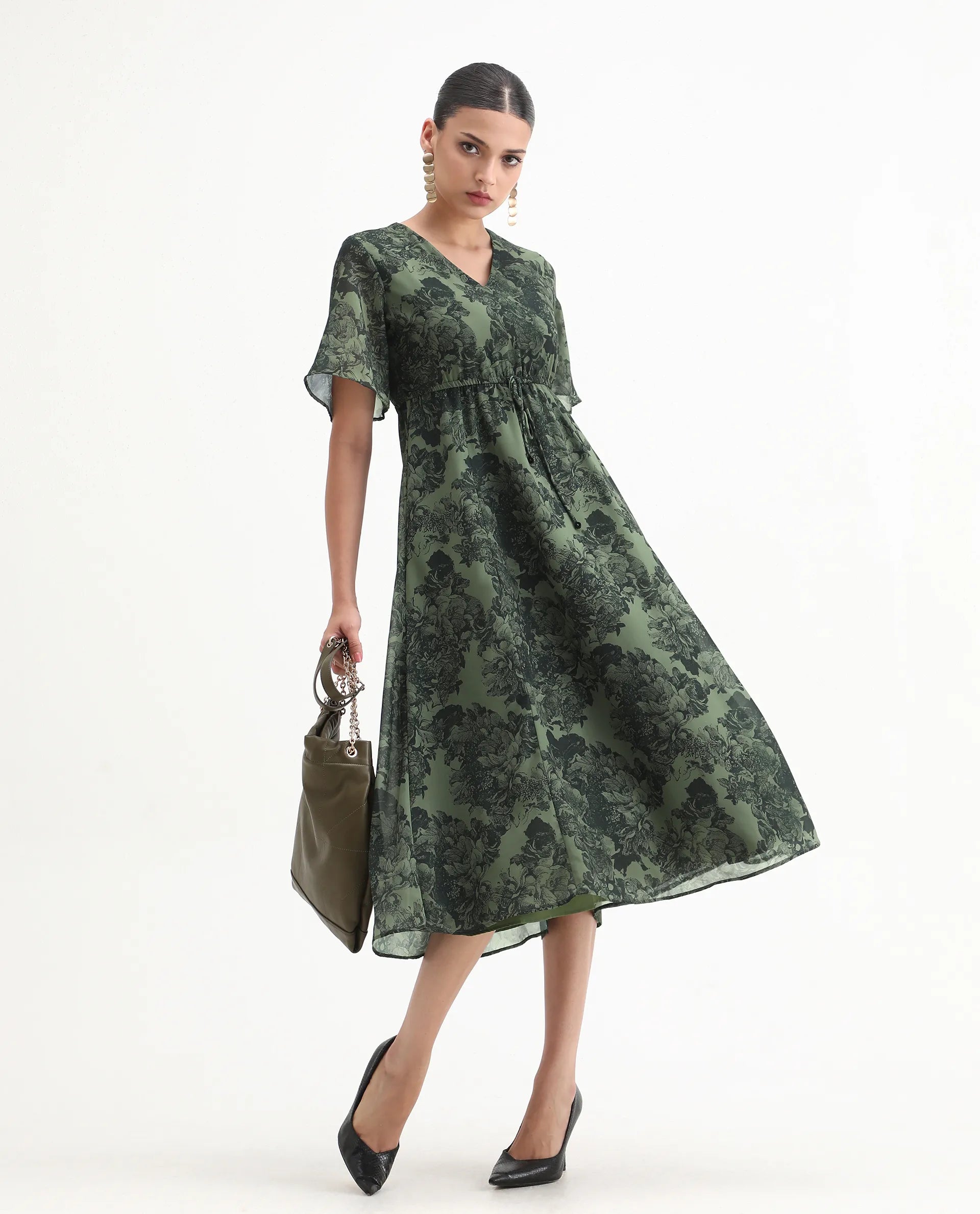Rareism Women's Elgon Dark Green Polyester V-Neck Flared Floral Print Midi Dress