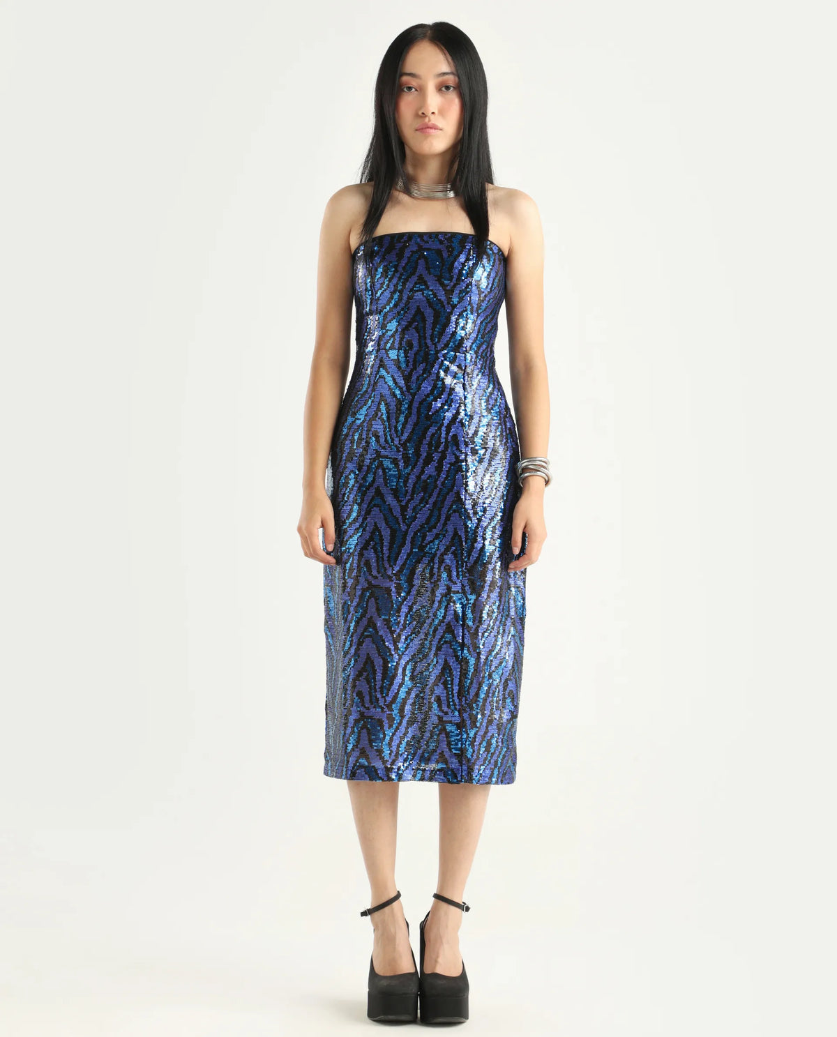 Rareism Women's Elica Sheen Multi Polyester Tube Neck Sequined Midi Bodycon Dress