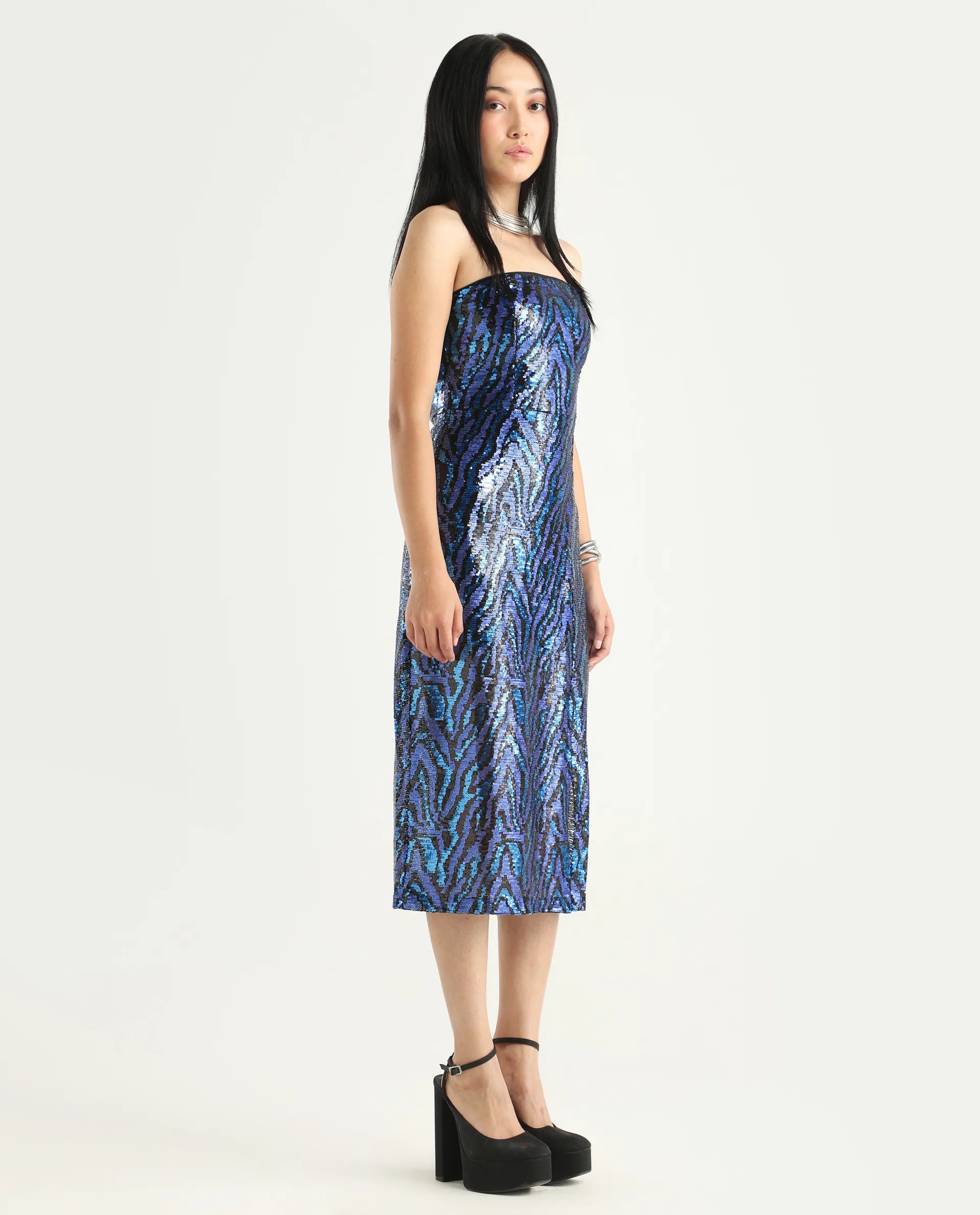 Rareism Women's Elica Sheen Multi Polyester Tube Neck Sequined Midi Bodycon Dress