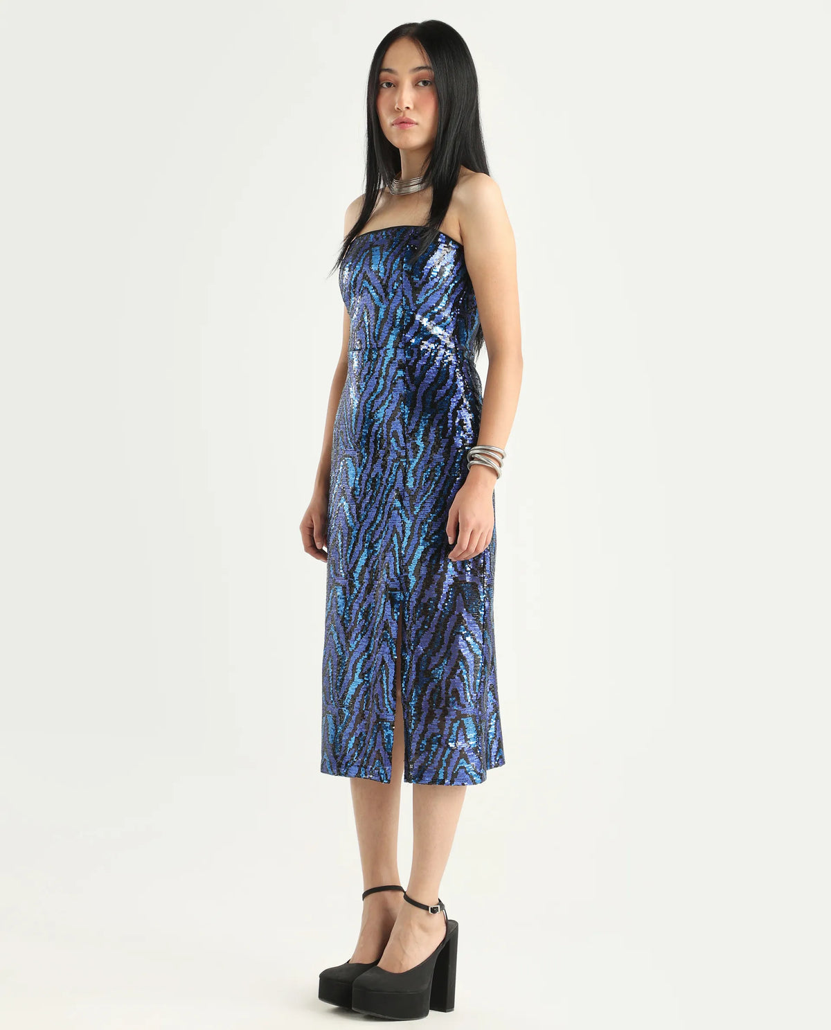 Rareism Women's Elica Sheen Multi Polyester Tube Neck Sequined Midi Bodycon Dress