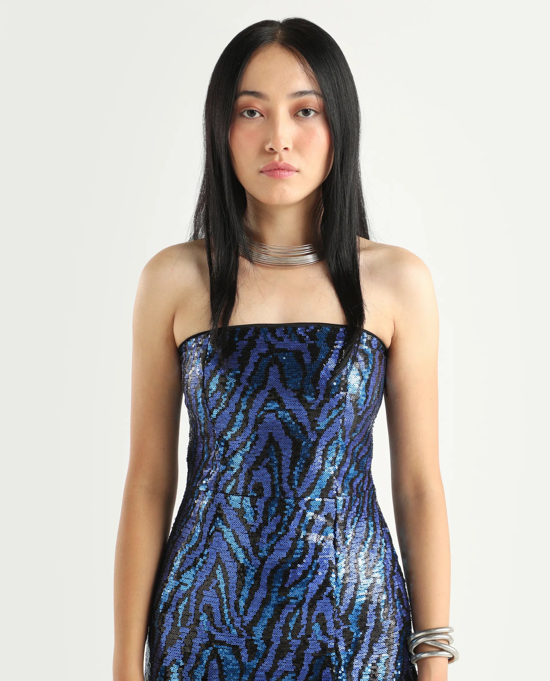 Rareism Women's Elica Sheen Multi Polyester Tube Neck Sequined Midi Bodycon Dress