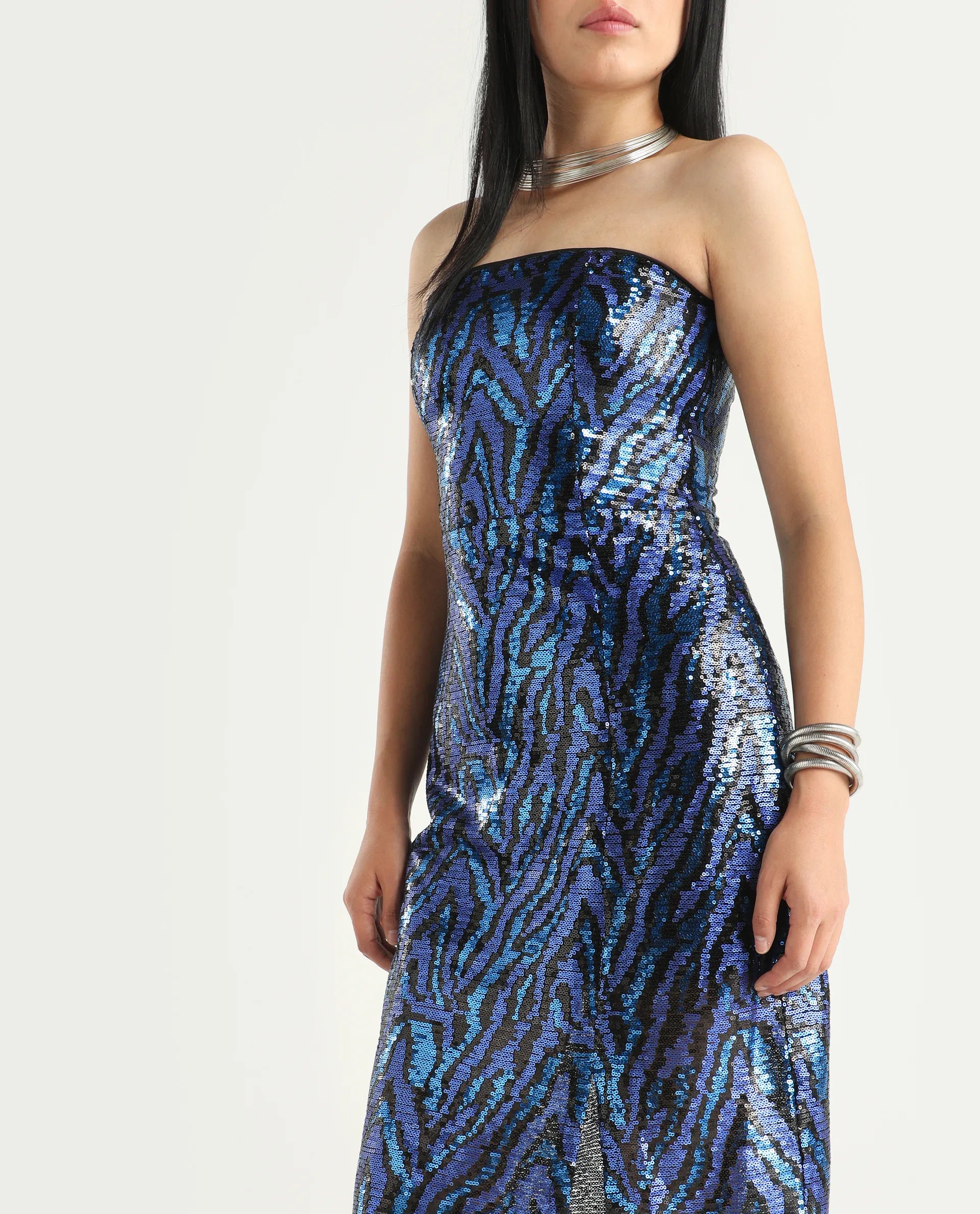 Rareism Women's Elica Sheen Multi Polyester Tube Neck Sequined Midi Bodycon Dress