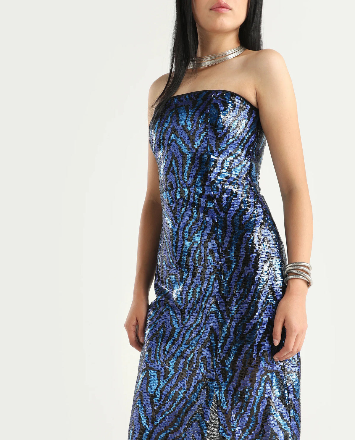 Rareism Women's Elica Sheen Multi Polyester Tube Neck Sequined Midi Bodycon Dress