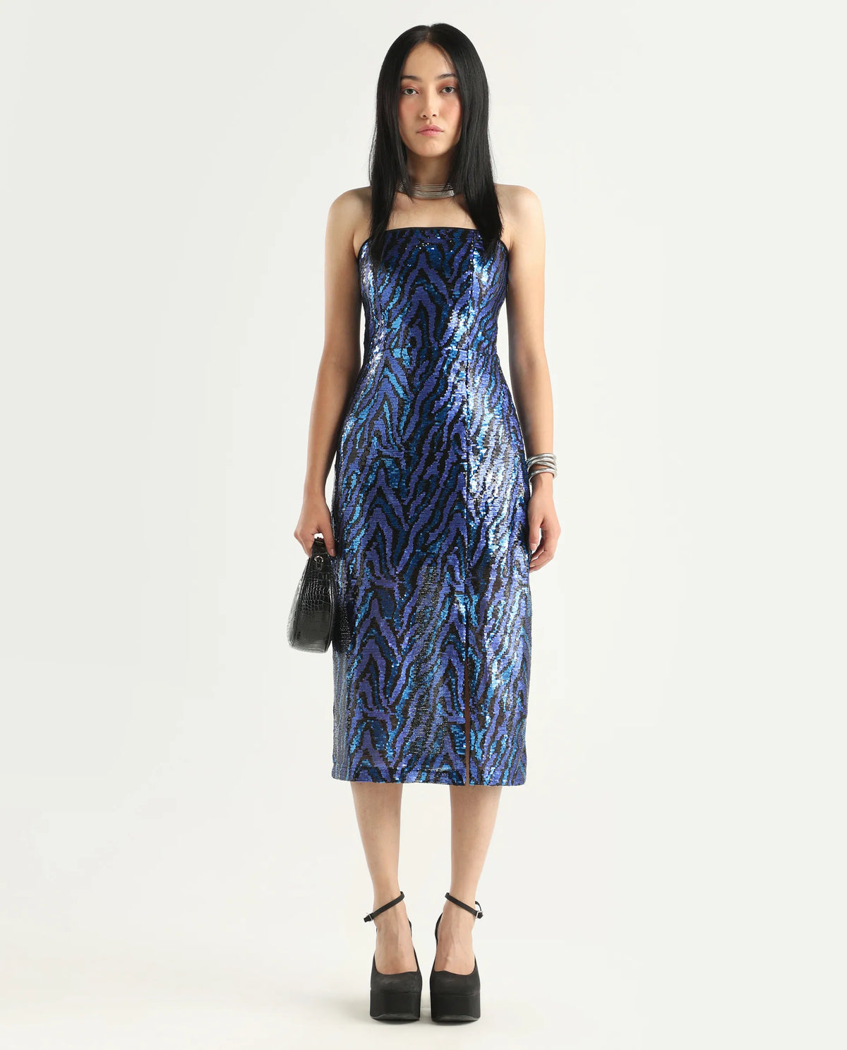 Rareism Women's Elica Sheen Multi Polyester Tube Neck Sequined Midi Bodycon Dress