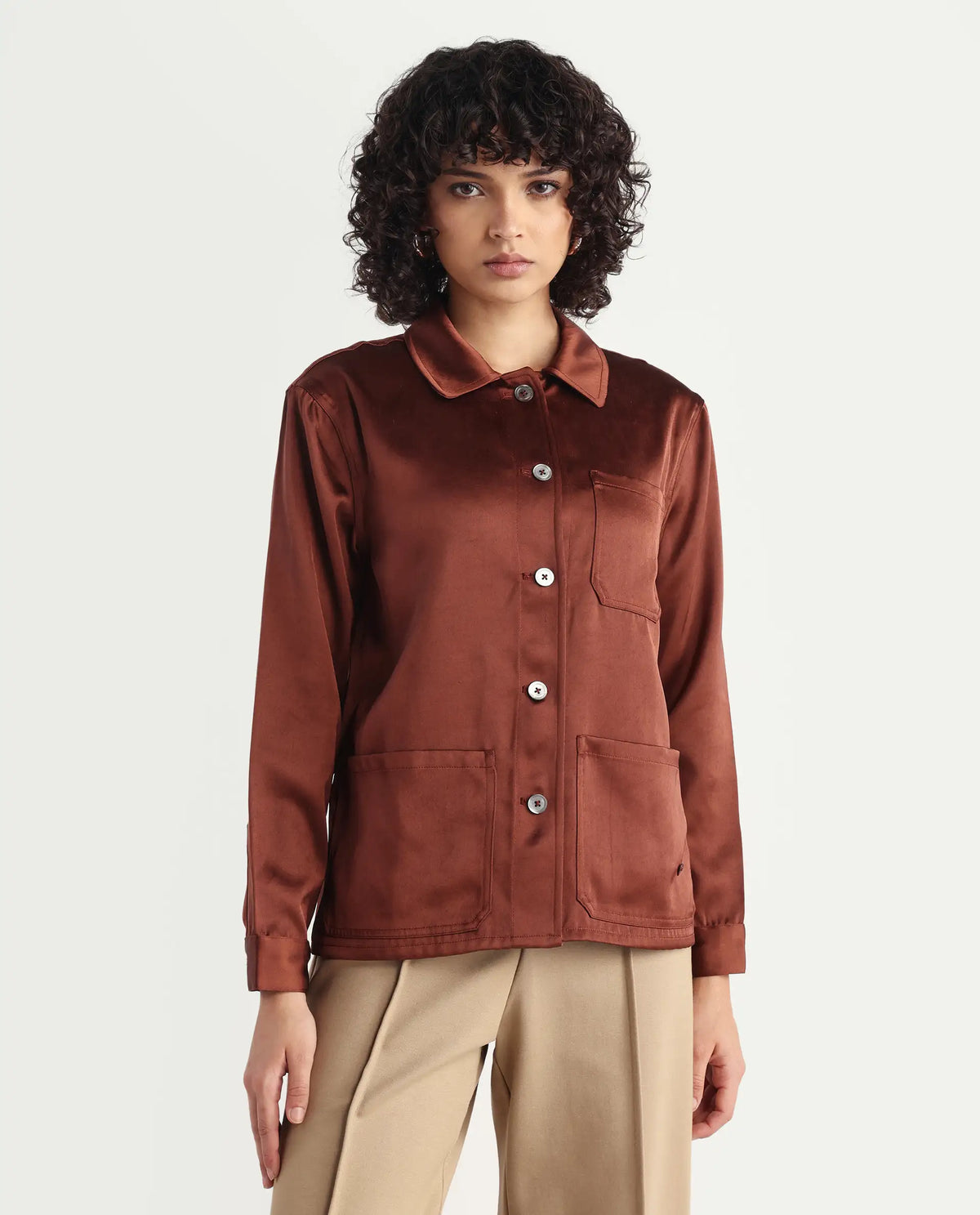 Rareism Women's Elika Brown Polyester Spread Collar Plain Regular Fit Jacket