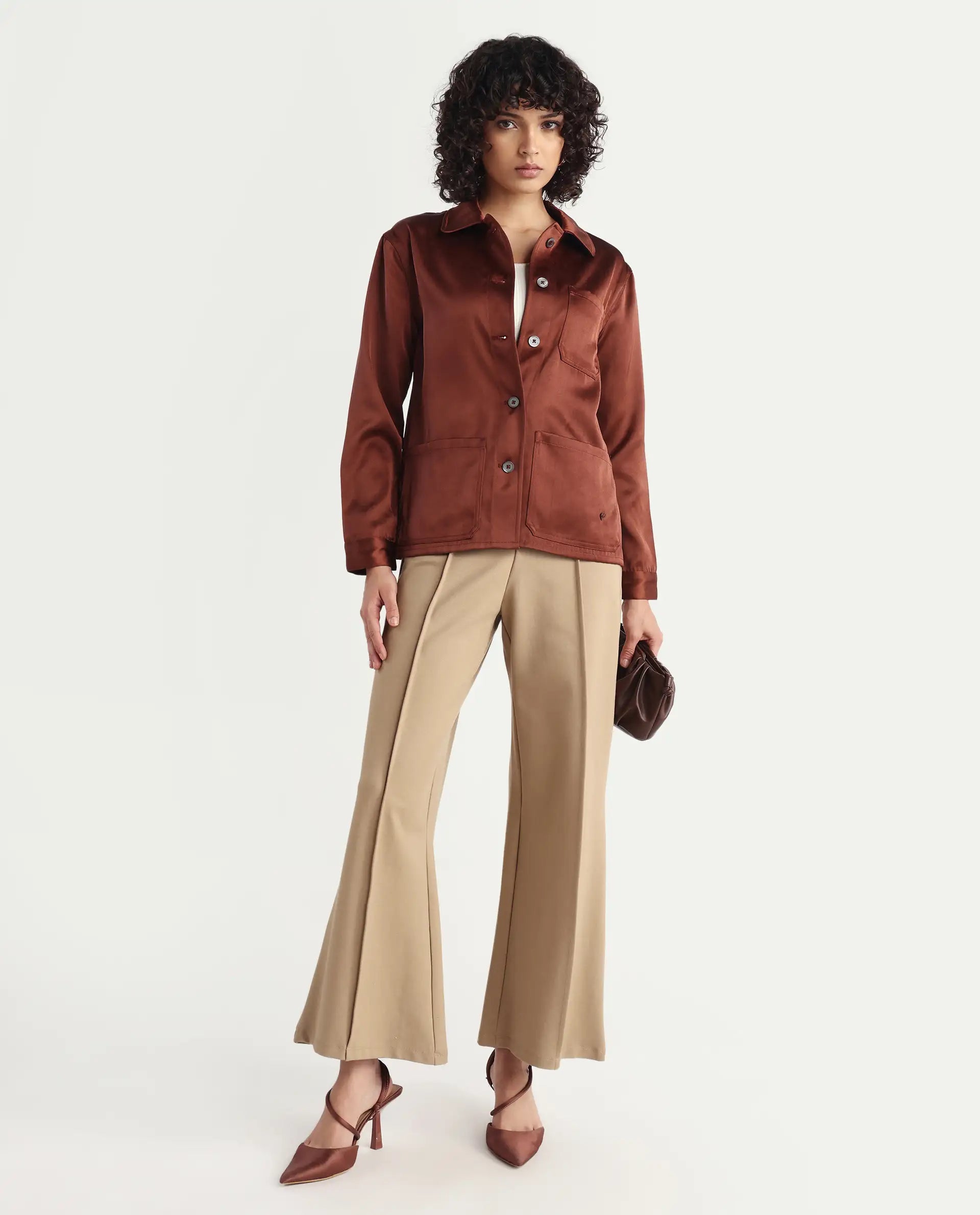 Rareism Women's Elika Brown Polyester Spread Collar Plain Regular Fit Jacket