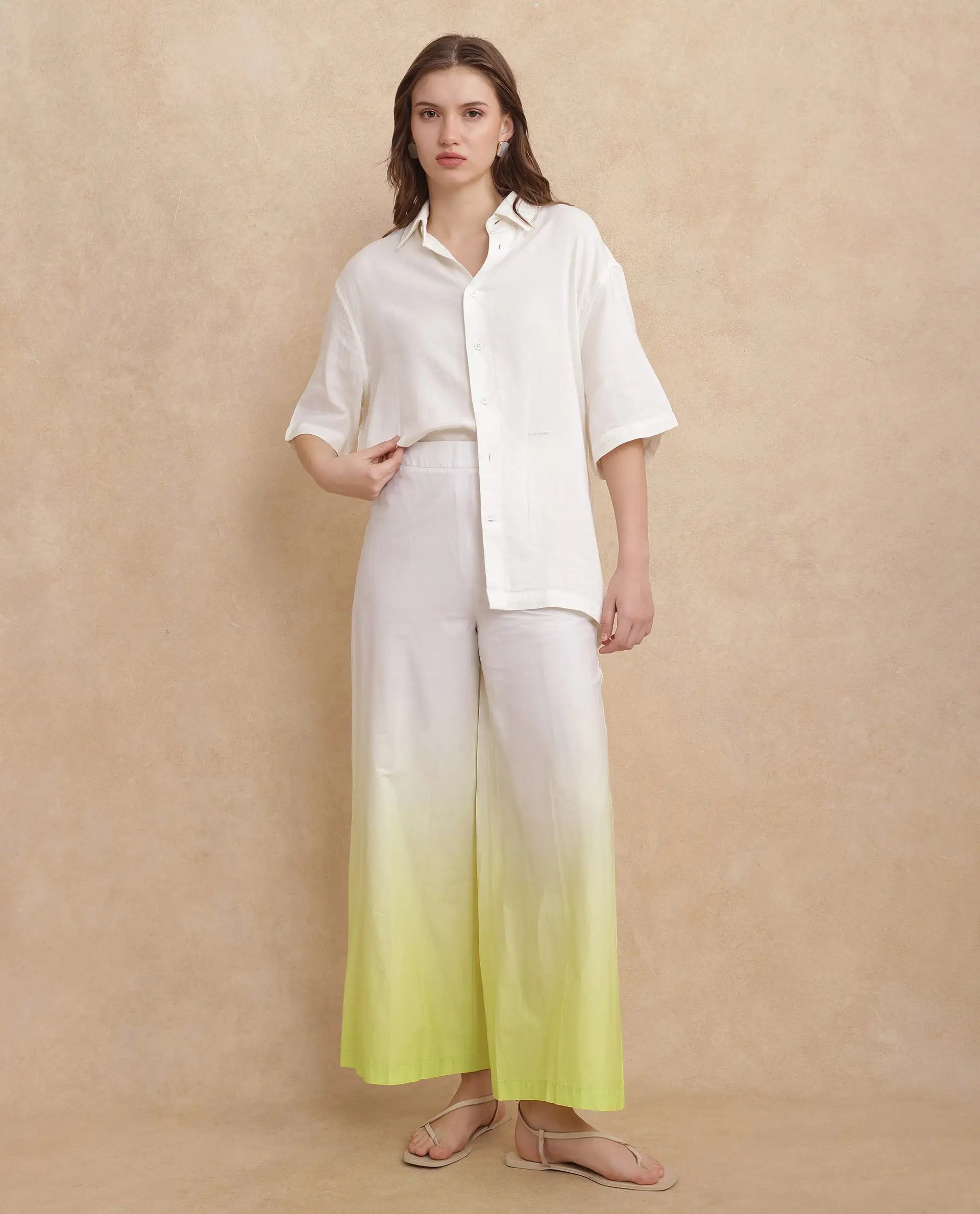 Rareism Women's Elise Green Cotton Ombre Ankle Length Wide Trouser