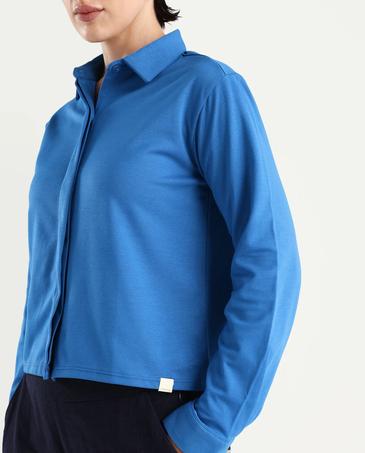 Rareism Women's Ellery Blue Cotton Blend Drop Collar Plain Regular Fit Shirt