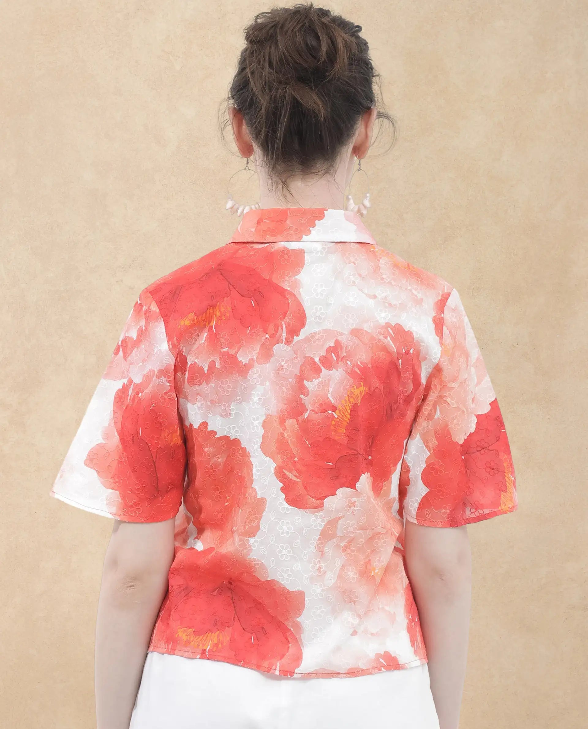 Rareism Women's Elmaso Pink Drop Collar Floral Print Bell Sleeve Regular Fit Top