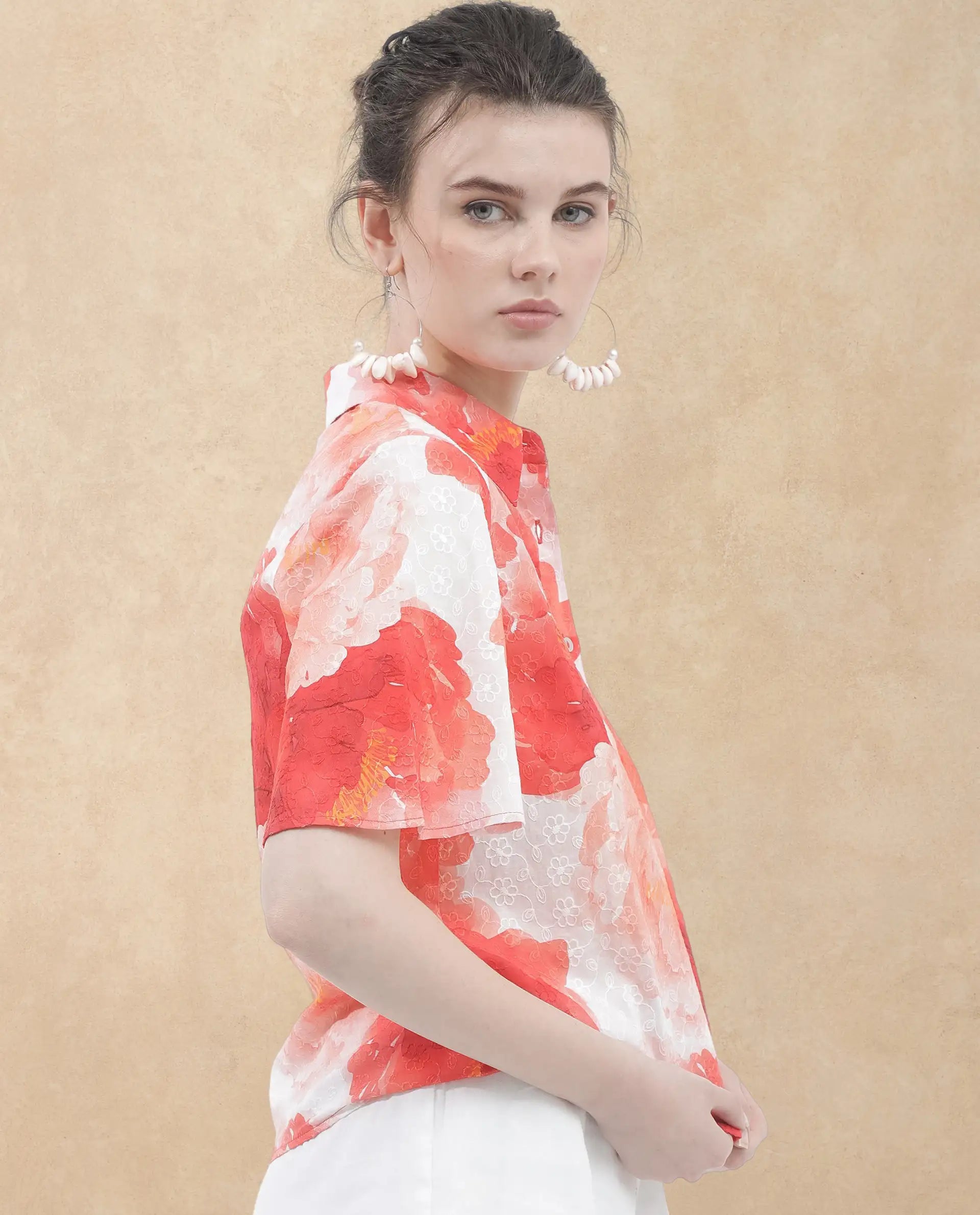 Rareism Women's Elmaso Pink Drop Collar Floral Print Bell Sleeve Regular Fit Top