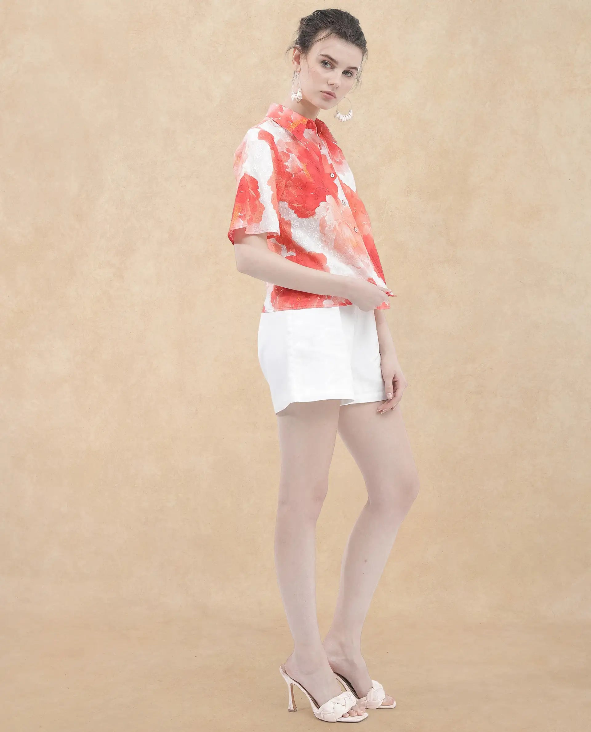 Rareism Women's Elmaso Pink Drop Collar Floral Print Bell Sleeve Regular Fit Top