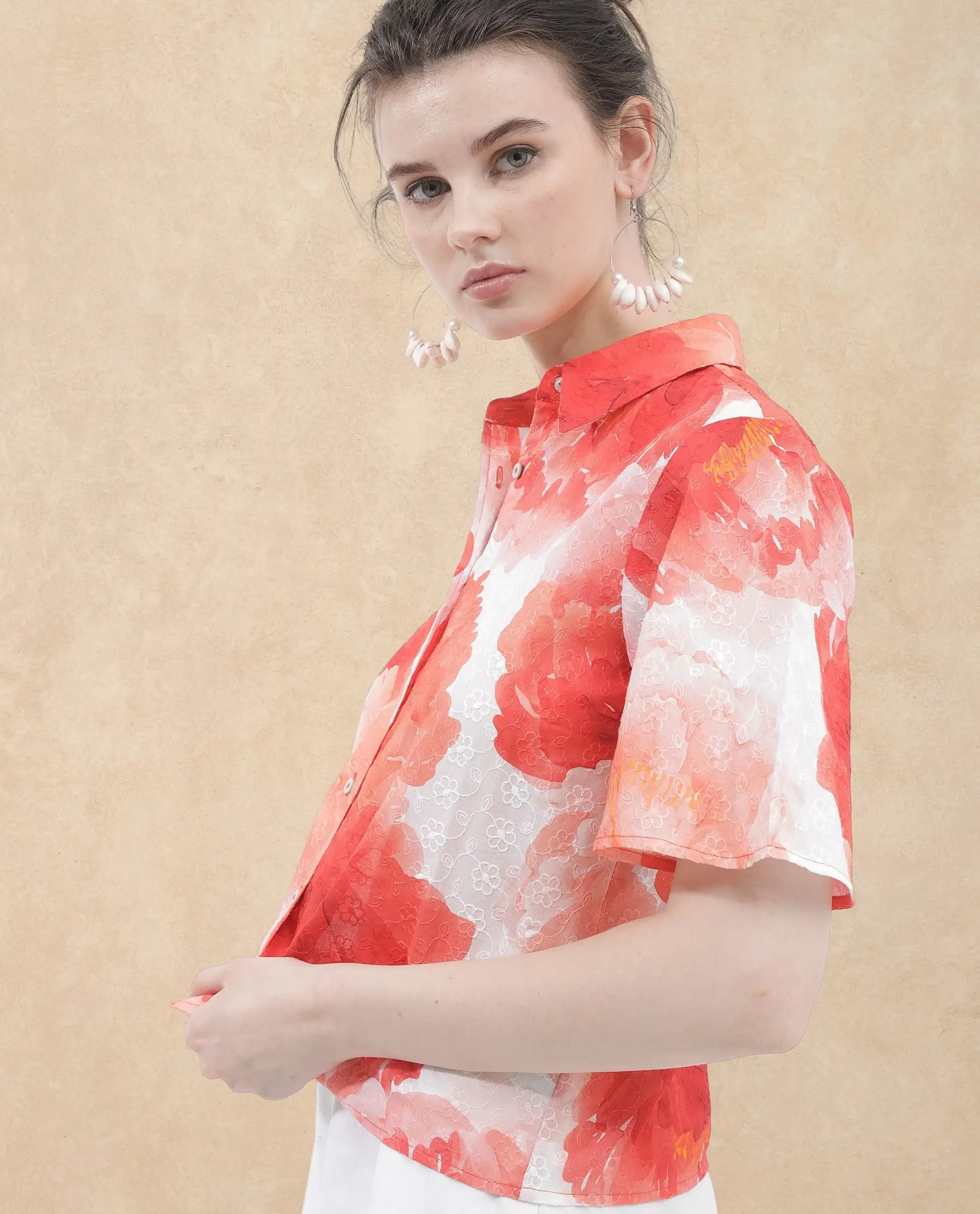 Rareism Women's Elmaso Pink Drop Collar Floral Print Bell Sleeve Regular Fit Top