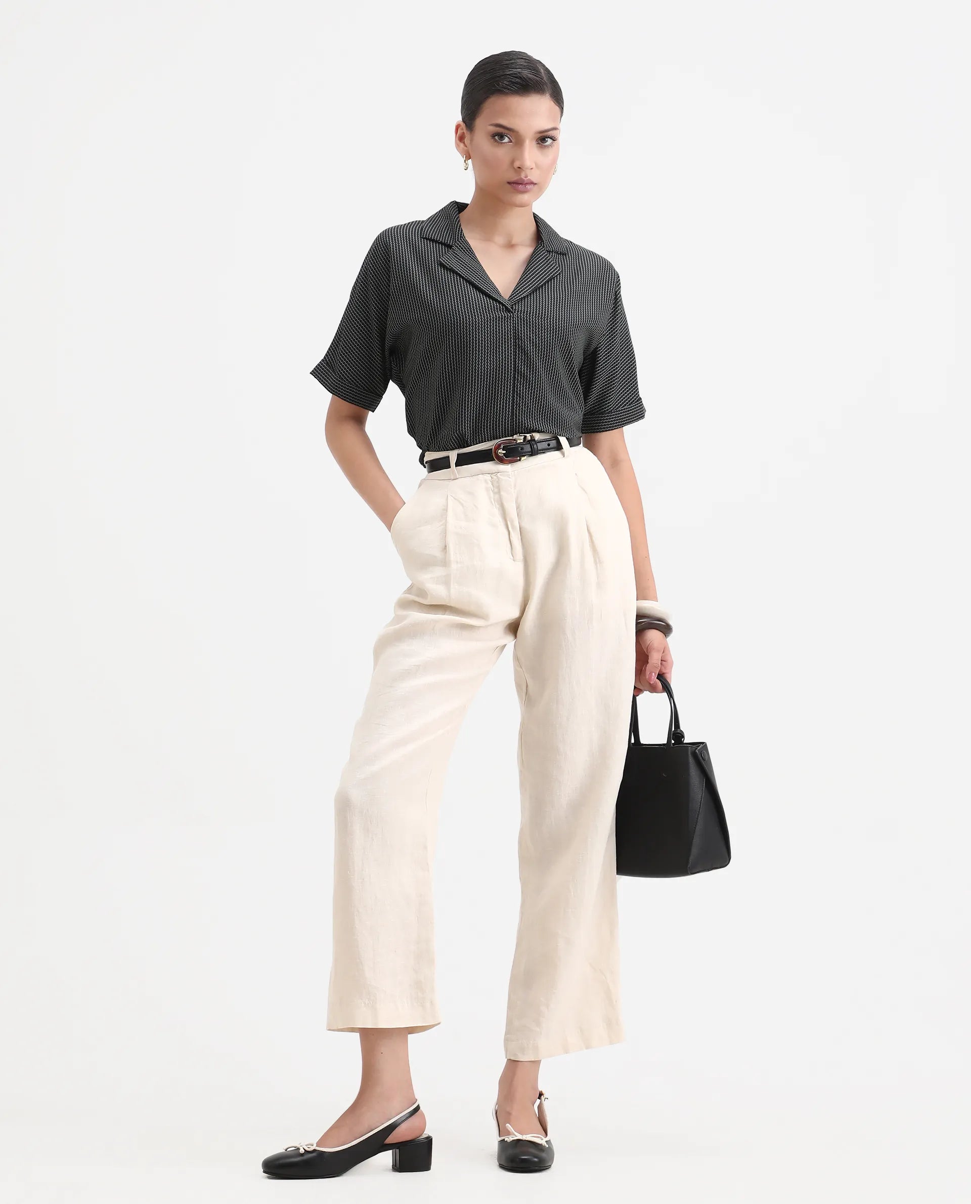 Rareism Women's Elnin Black Viscose Extended Sleeves Lapel Neck Regular Fit Top