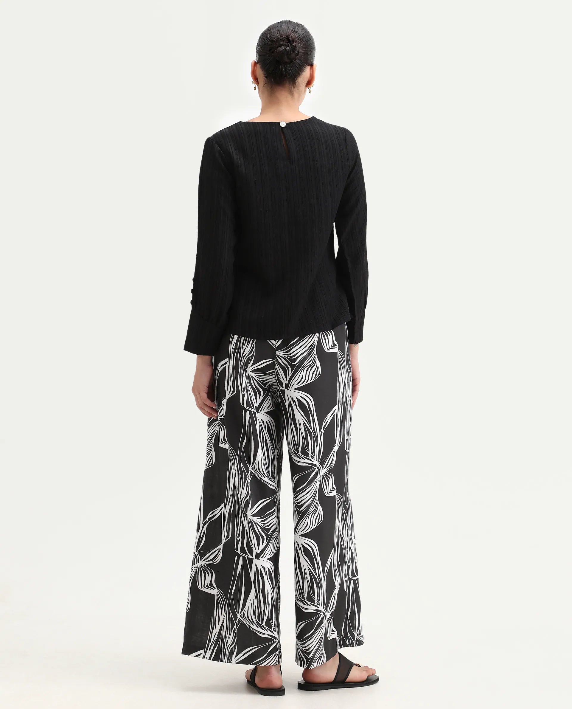 Rareism Women's Eloff-B Black Polyester Zipper Closure Wide Ankle Length Abstract Print Trouser