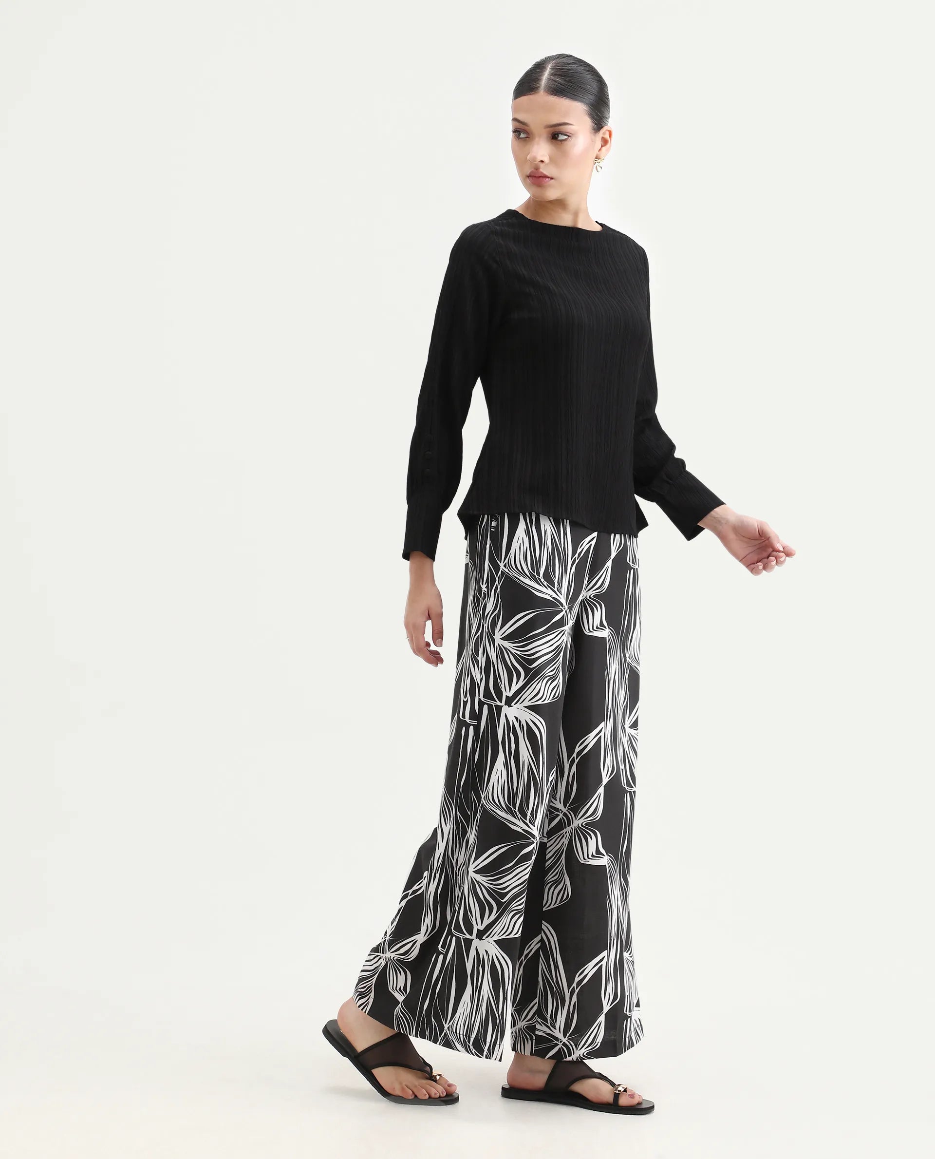 Rareism Women's Eloff-B Black Polyester Zipper Closure Wide Ankle Length Abstract Print Trouser