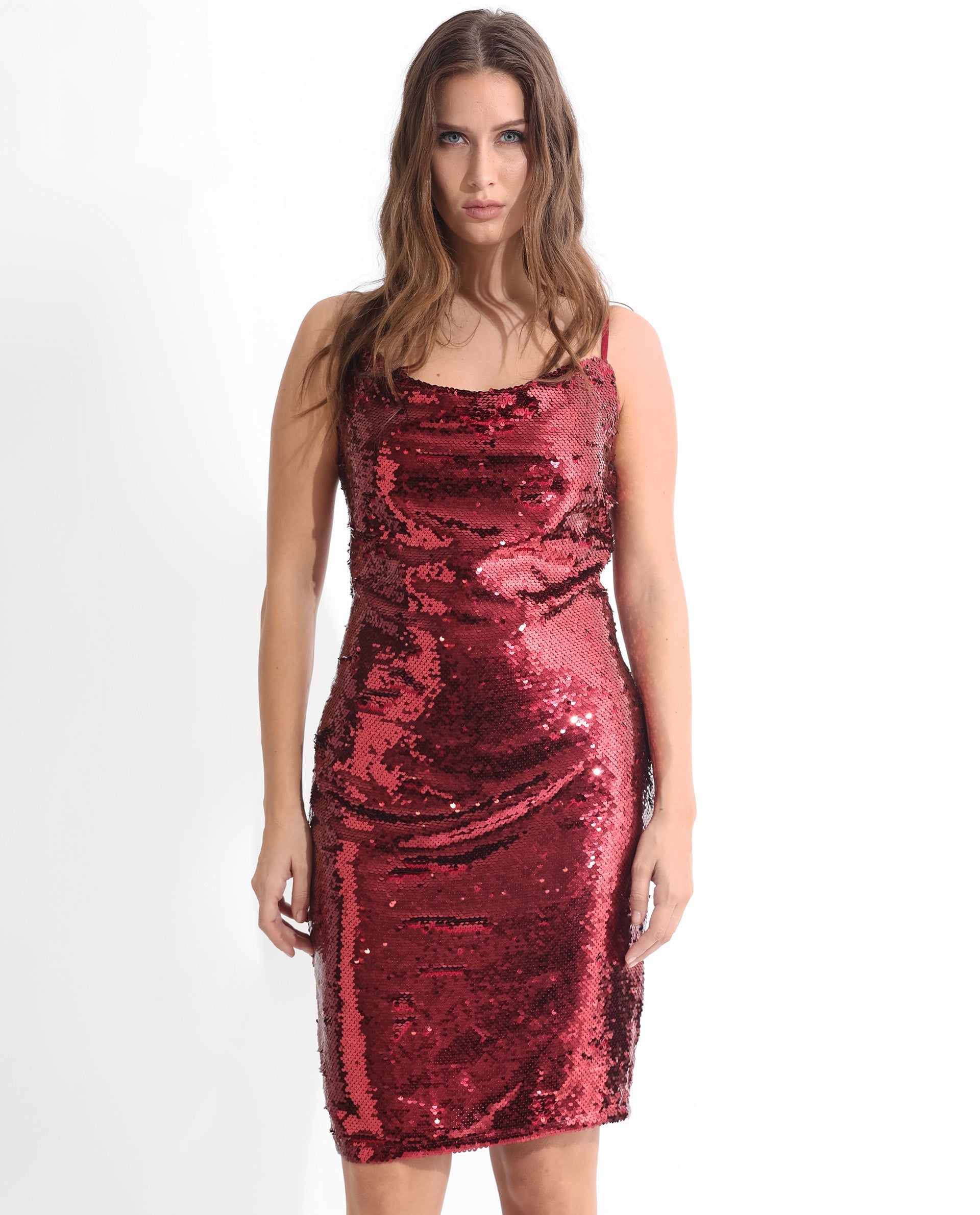 Rareism Women's Elsa Sheen Red Polyester Cowl Neck Sequined Shoulder Strap Knee Length Regular Fit Dress