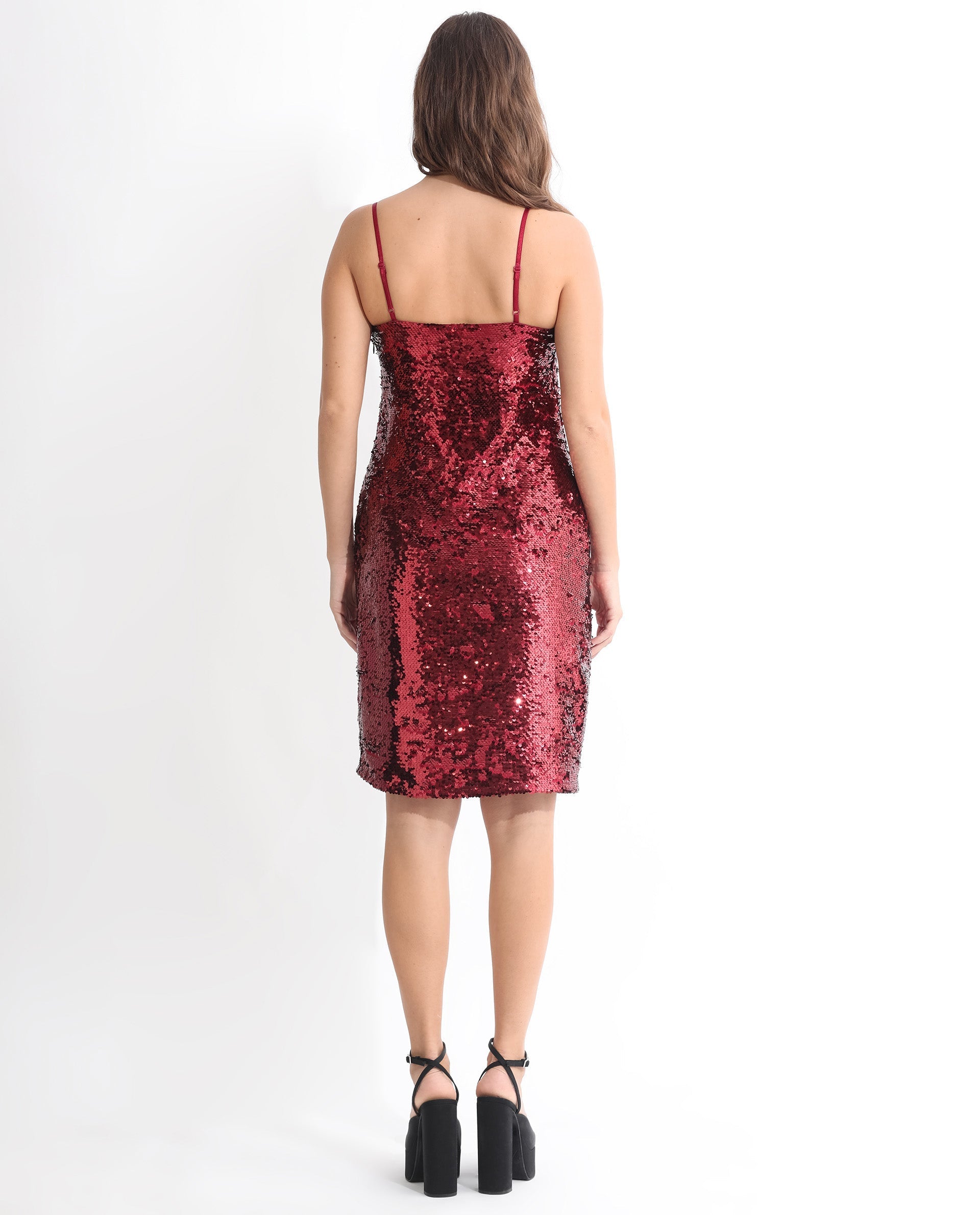 Rareism Women Elsa Sheen Red Polyester Fabric Sleeveless Zip Closure Cowl Neck Shoulder Straps Regular Fit Sequined Knee Length Empire Dress