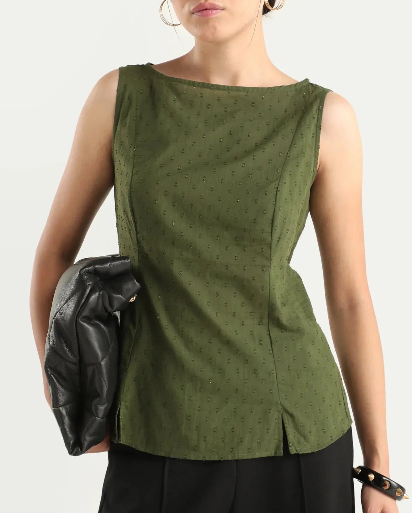 Rareism Women's Elsha Olive Cotton Blend Boat Neck Regular Fit Plain Top