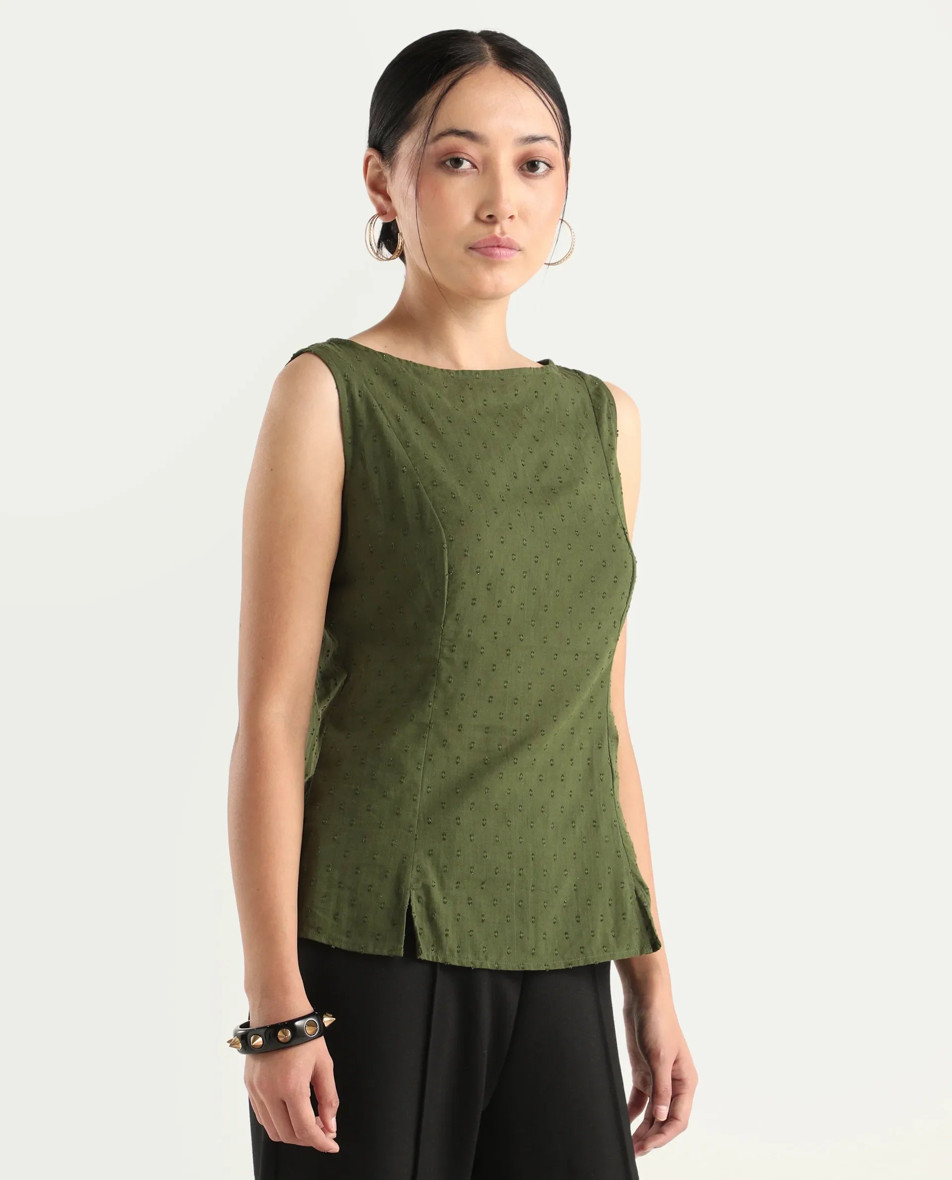 Rareism Women's Elsha Olive Cotton Blend Boat Neck Regular Fit Plain Top